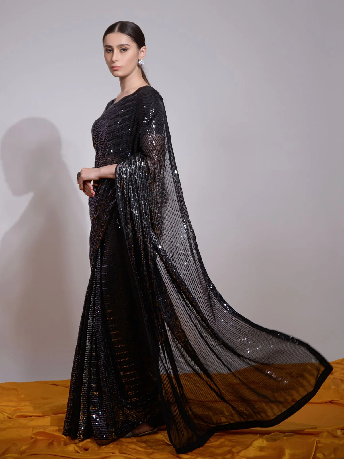Odette Black Embellished Georgette Saree With Unstitched Blouse For Women - Image 2