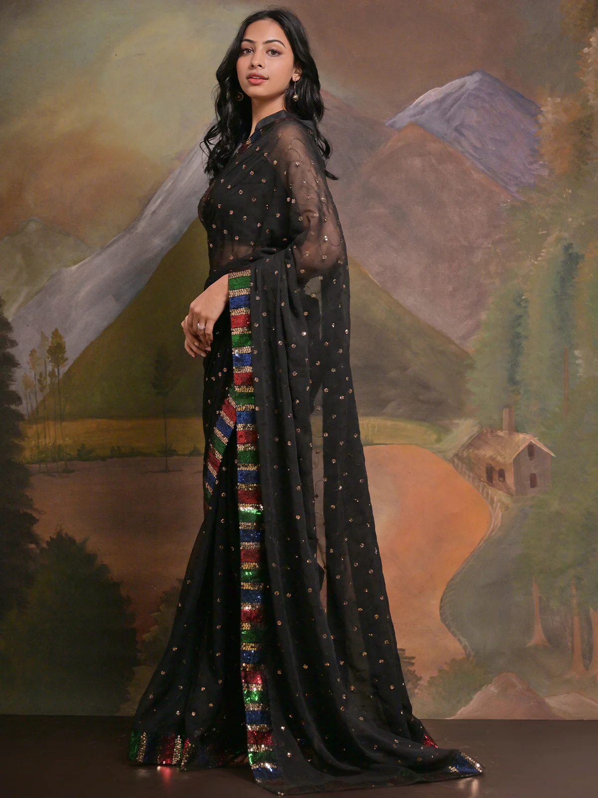 Odette Black Embellished Georgette Saree With Unstitched Blouse For Women - Image 2