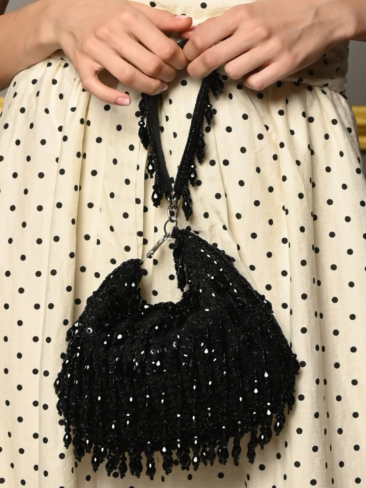 Odette Black Embellished Moon Clutch With Tassels For Women - Image 2