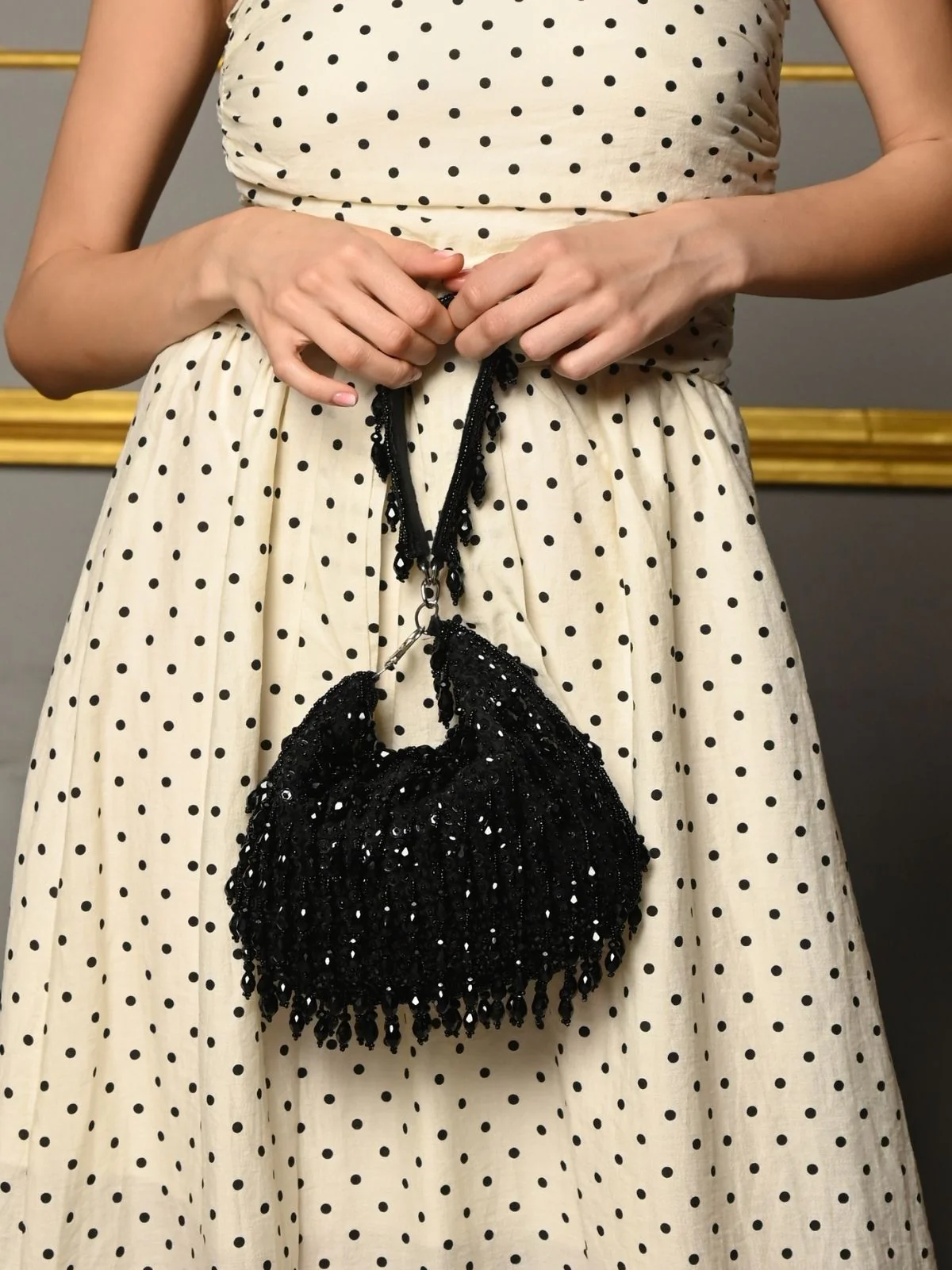 Odette Black Embellished Moon Clutch With Tassels For Women - Image 3