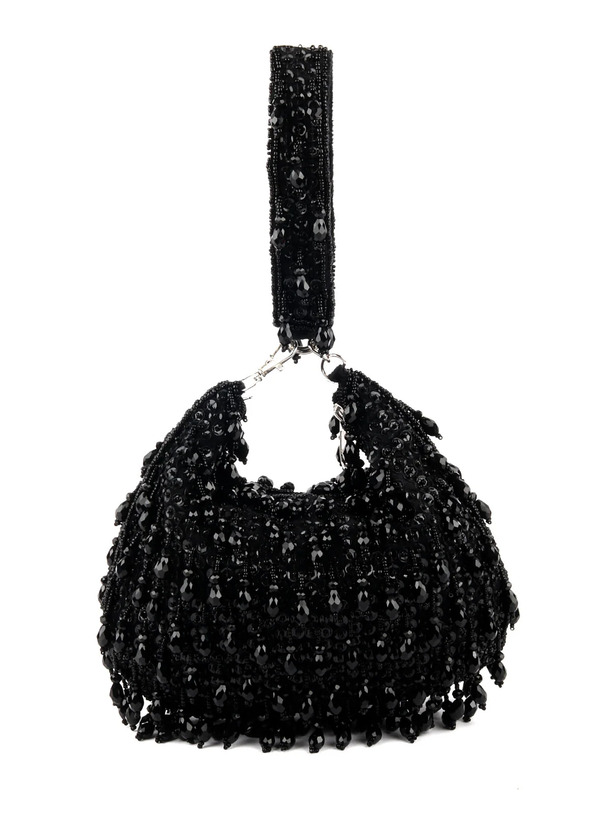 Odette Black Embellished Moon Clutch With Tassels For Women - Image 4