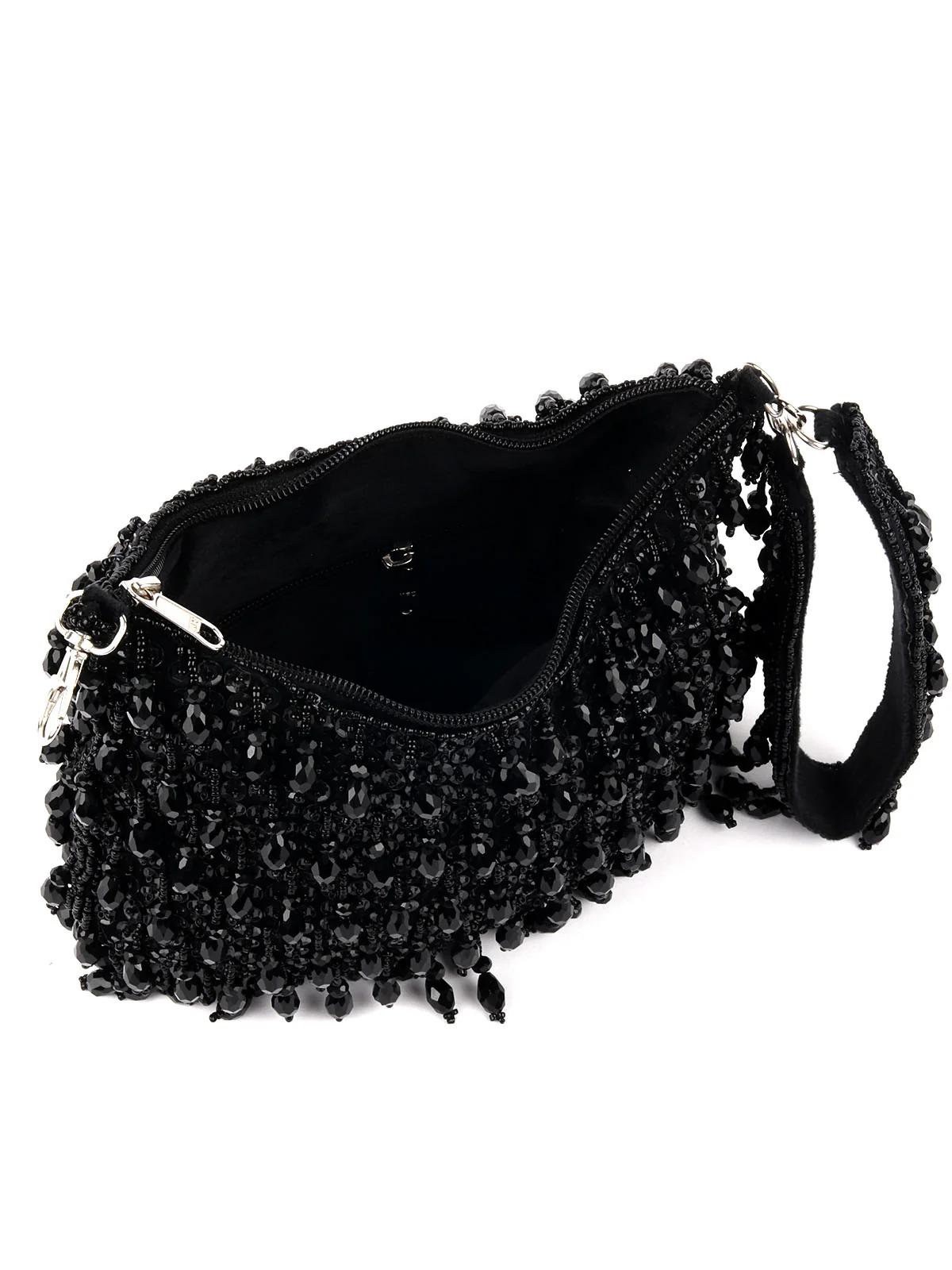 Odette Black Embellished Moon Clutch With Tassels For Women - Image 7