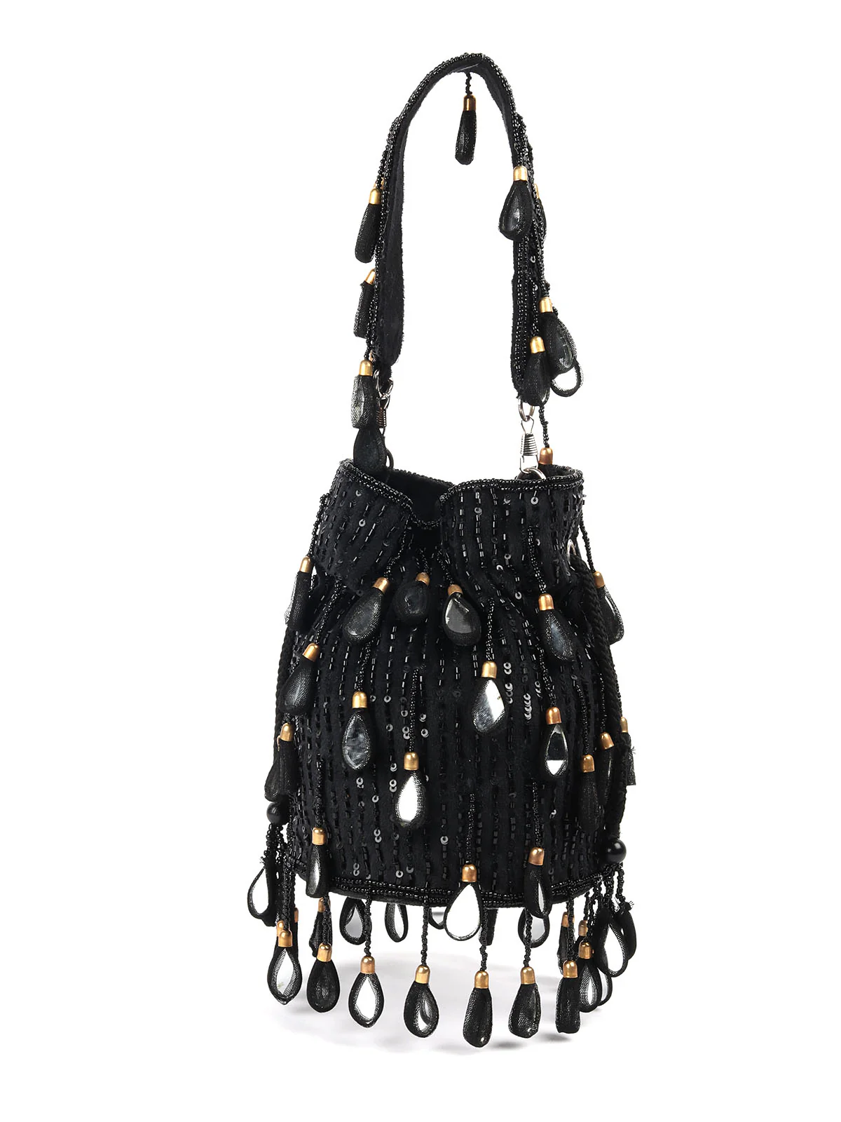 Odette Black Embellished Potli Bag with Tassesl For Women - Image 3