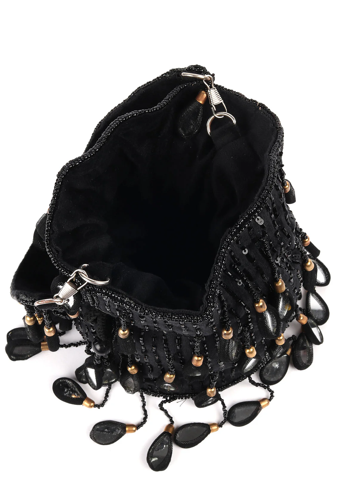 Odette Black Embellished Potli Bag with Tassesl For Women - Image 5