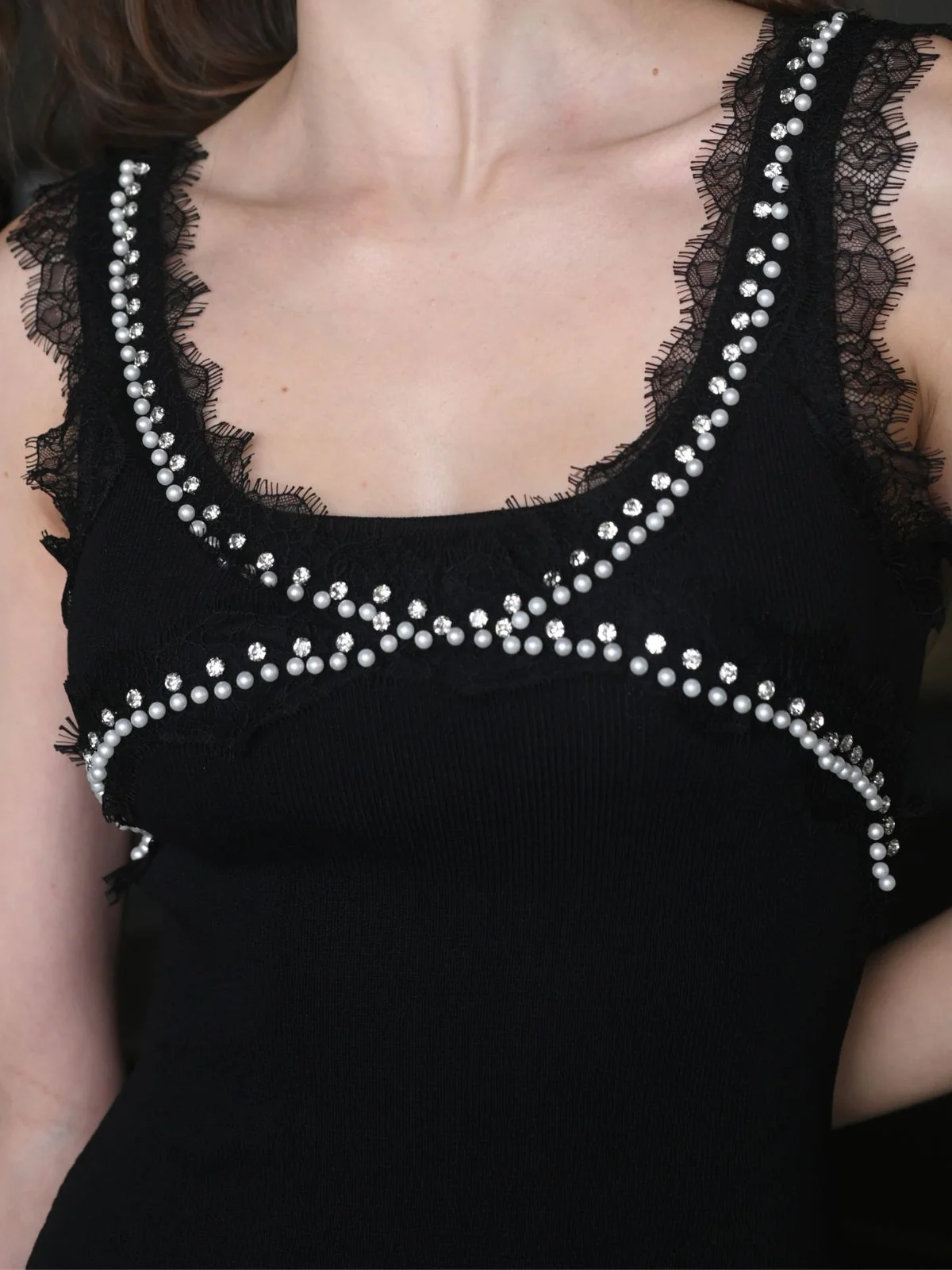 Odette Black Rib Lycra Embellished Western Dress for Women - Image 7