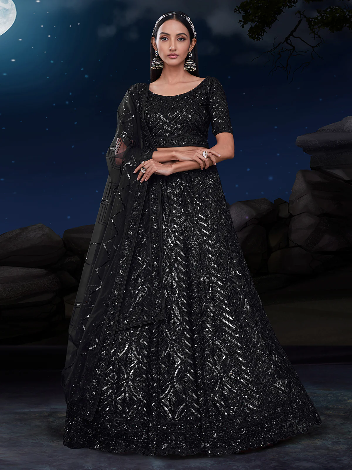 Odette Black Embellished Soft Net Semi Stitched Lehenga With Blouse For Women