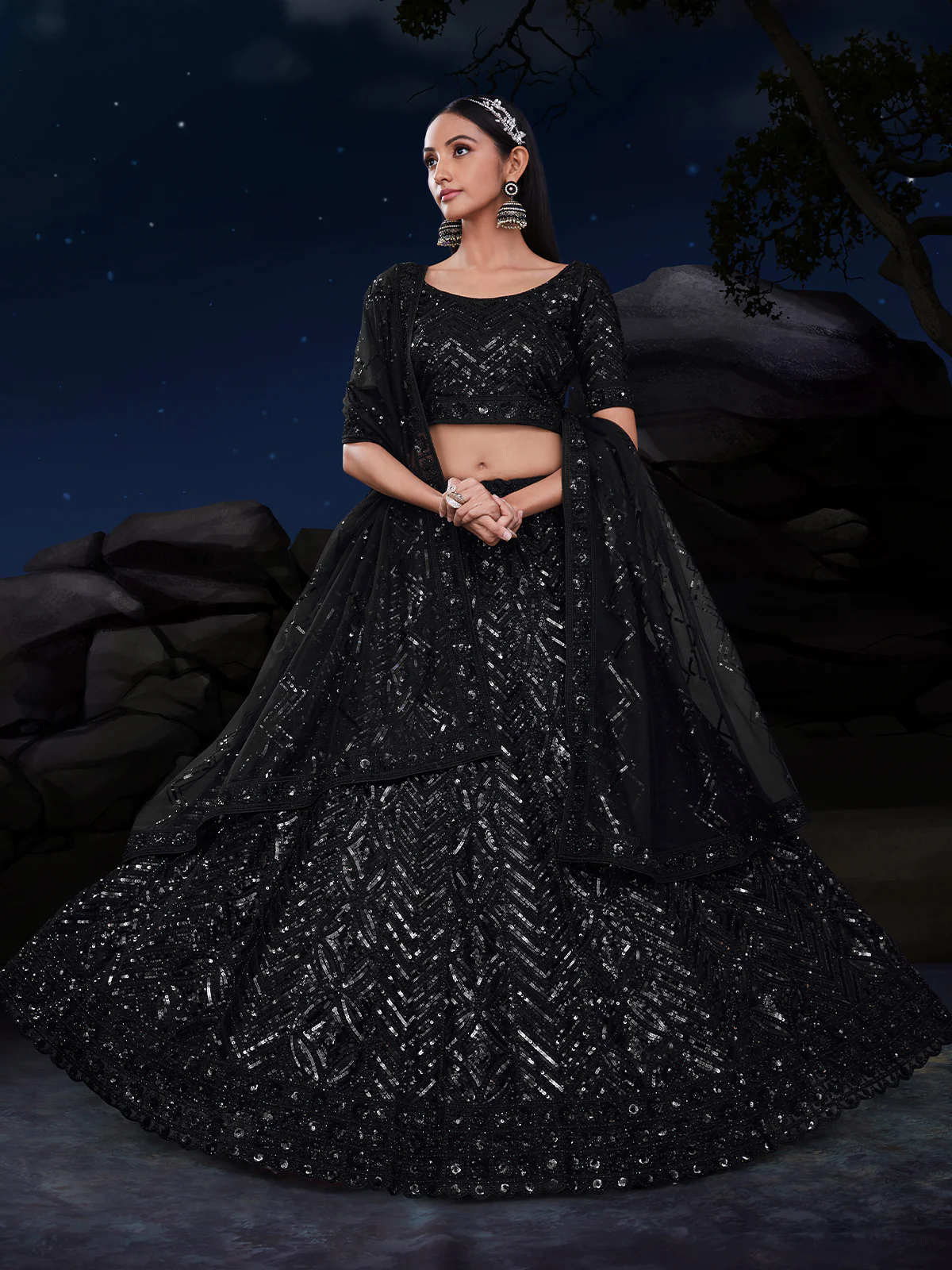 Odette Black Embellished Soft Net Semi Stitched Lehenga With Blouse For Women - Image 2