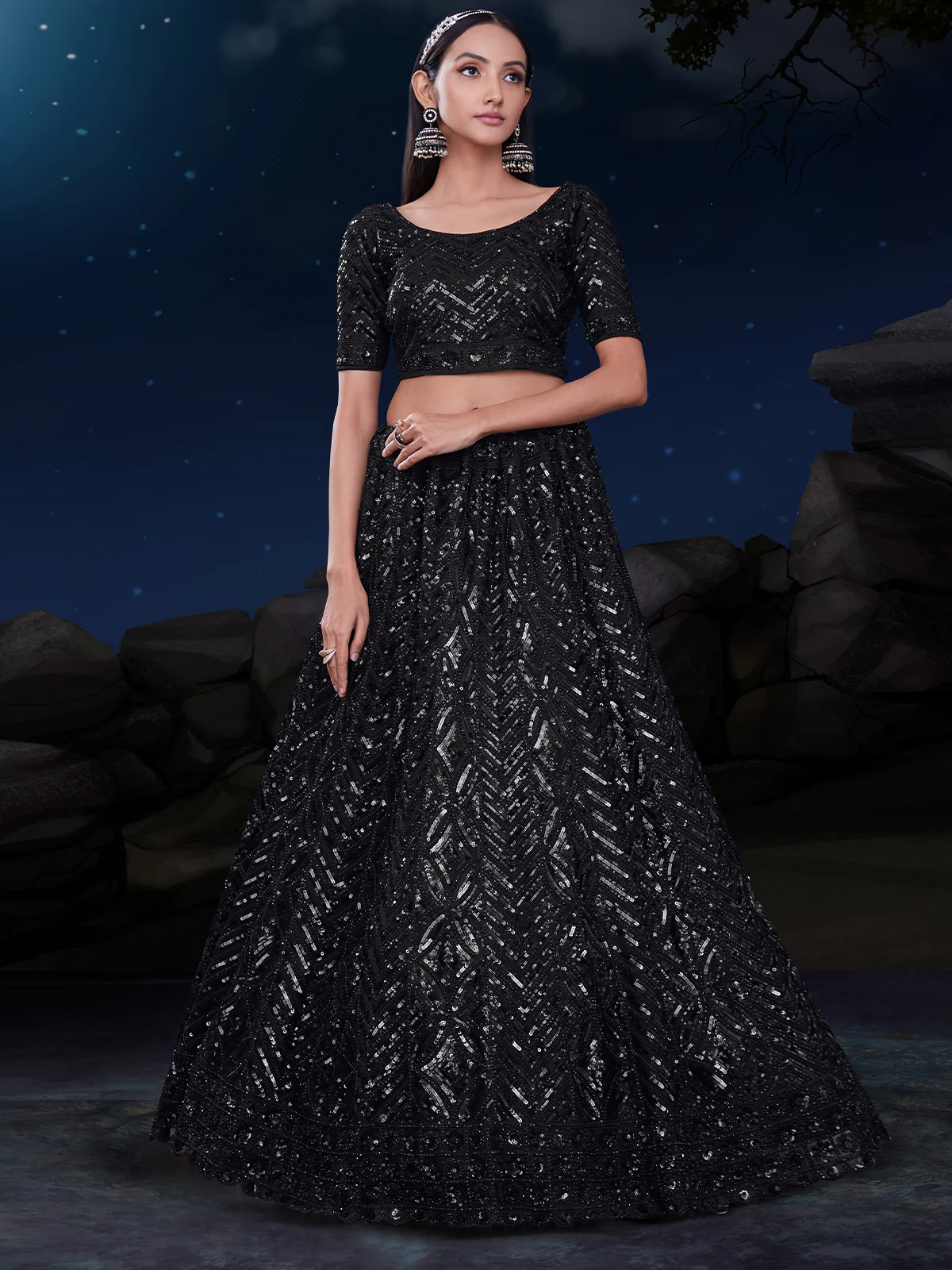 Odette Black Embellished Soft Net Semi Stitched Lehenga With Blouse For Women - Image 3