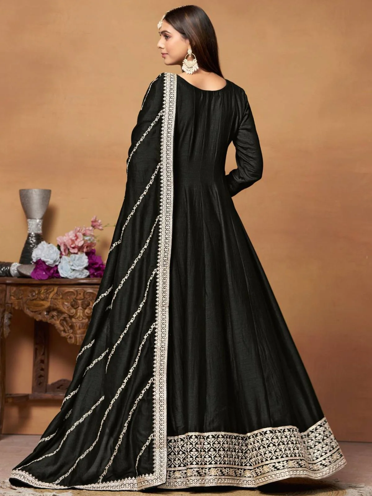 Odette Black Embroidered Art Silk Unstitched Gown For Women - Image 4