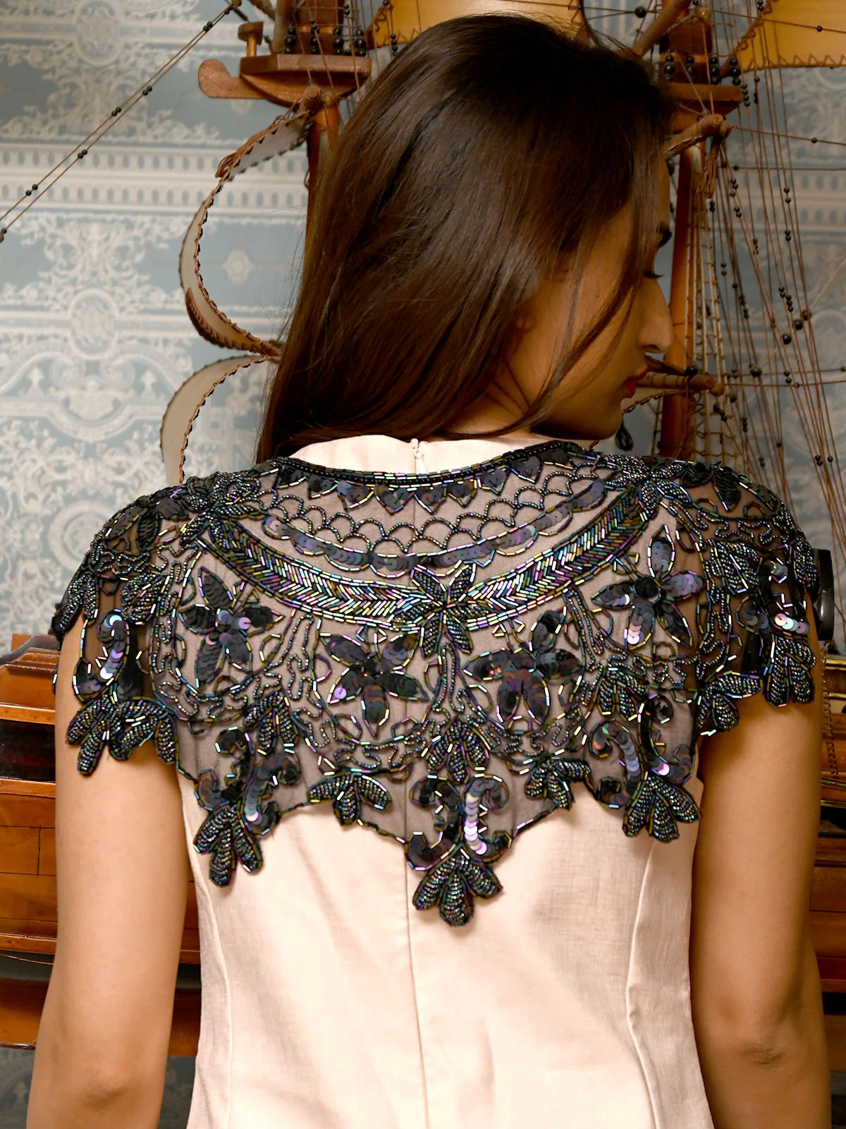 Odette Black Embroidered  Beads And Sequins Cape For Women - Image 3
