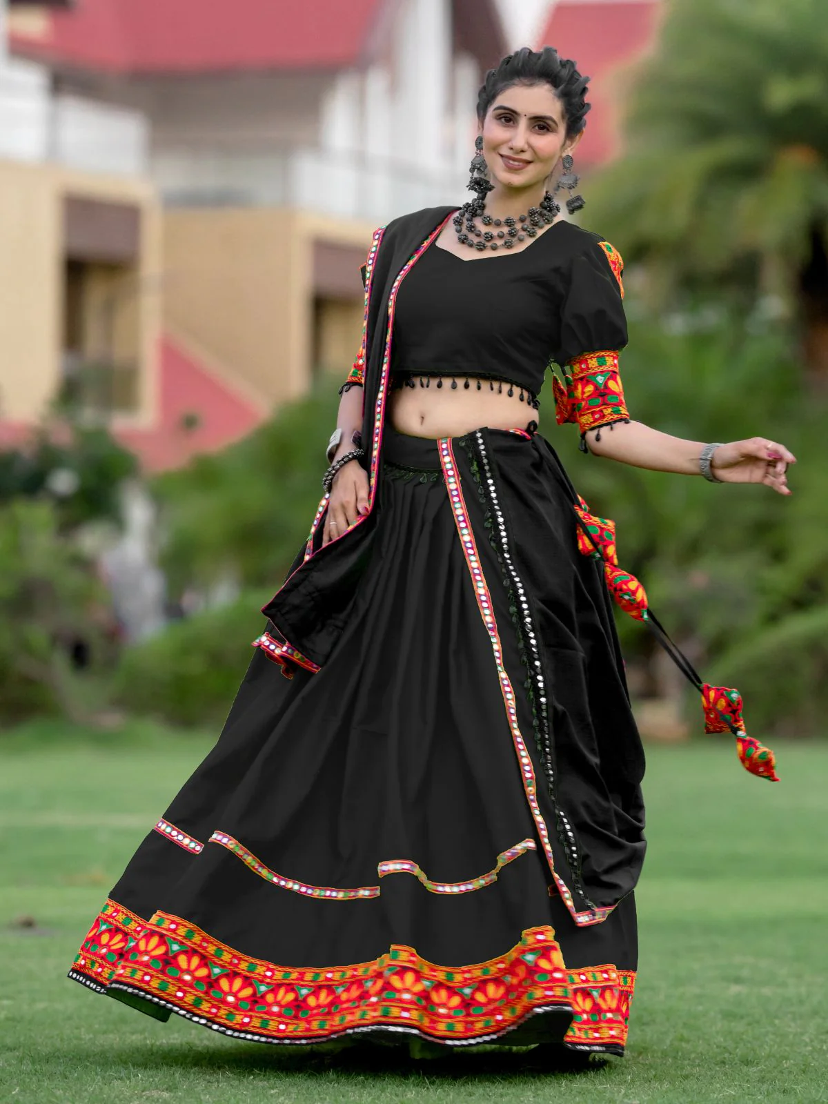 Odette Black Embroidered Cotton Semi Stitched Lehenga With Unstitched Blouse For Women - Image 3