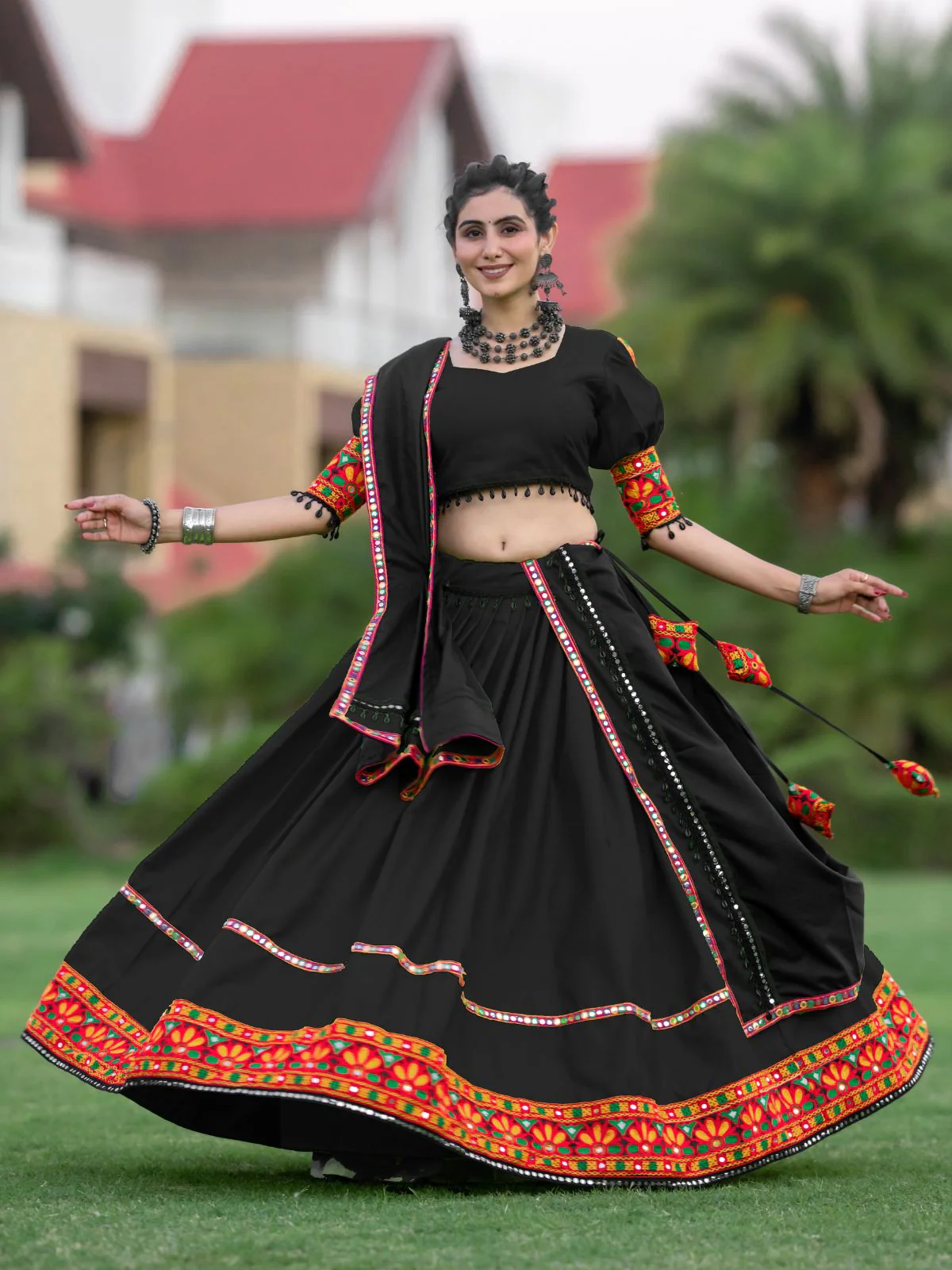 Odette Black Embroidered Cotton Semi Stitched Lehenga With Unstitched Blouse For Women - Image 4
