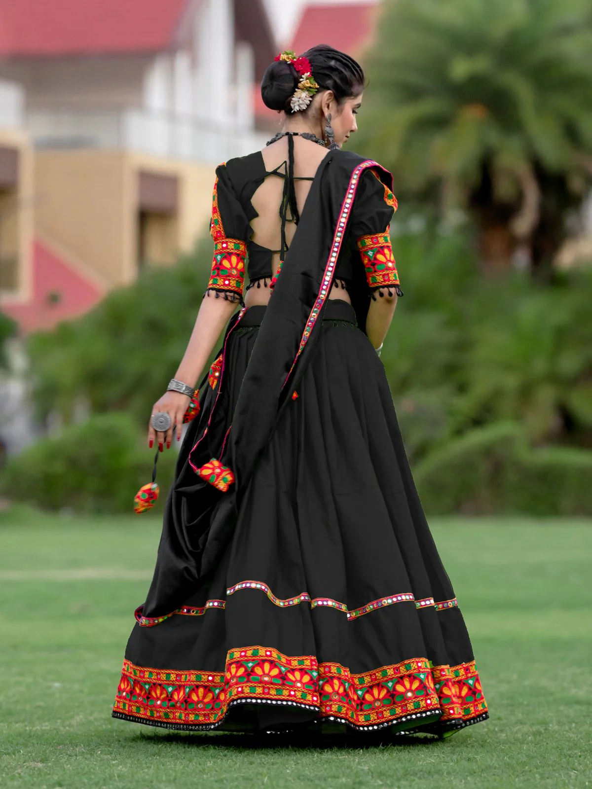 Odette Black Embroidered Cotton Semi Stitched Lehenga With Unstitched Blouse For Women - Image 5
