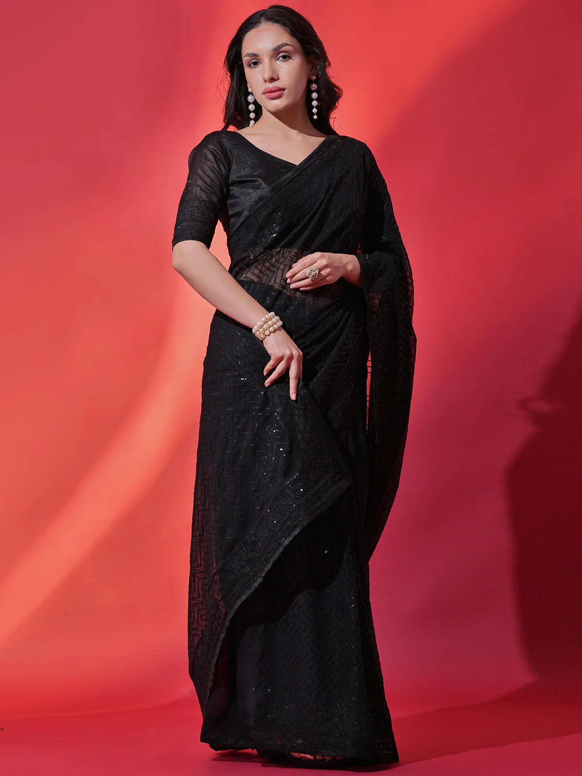 Odette Black Embellished Georgette Saree With Unstitched Blouse For Women - Image 3