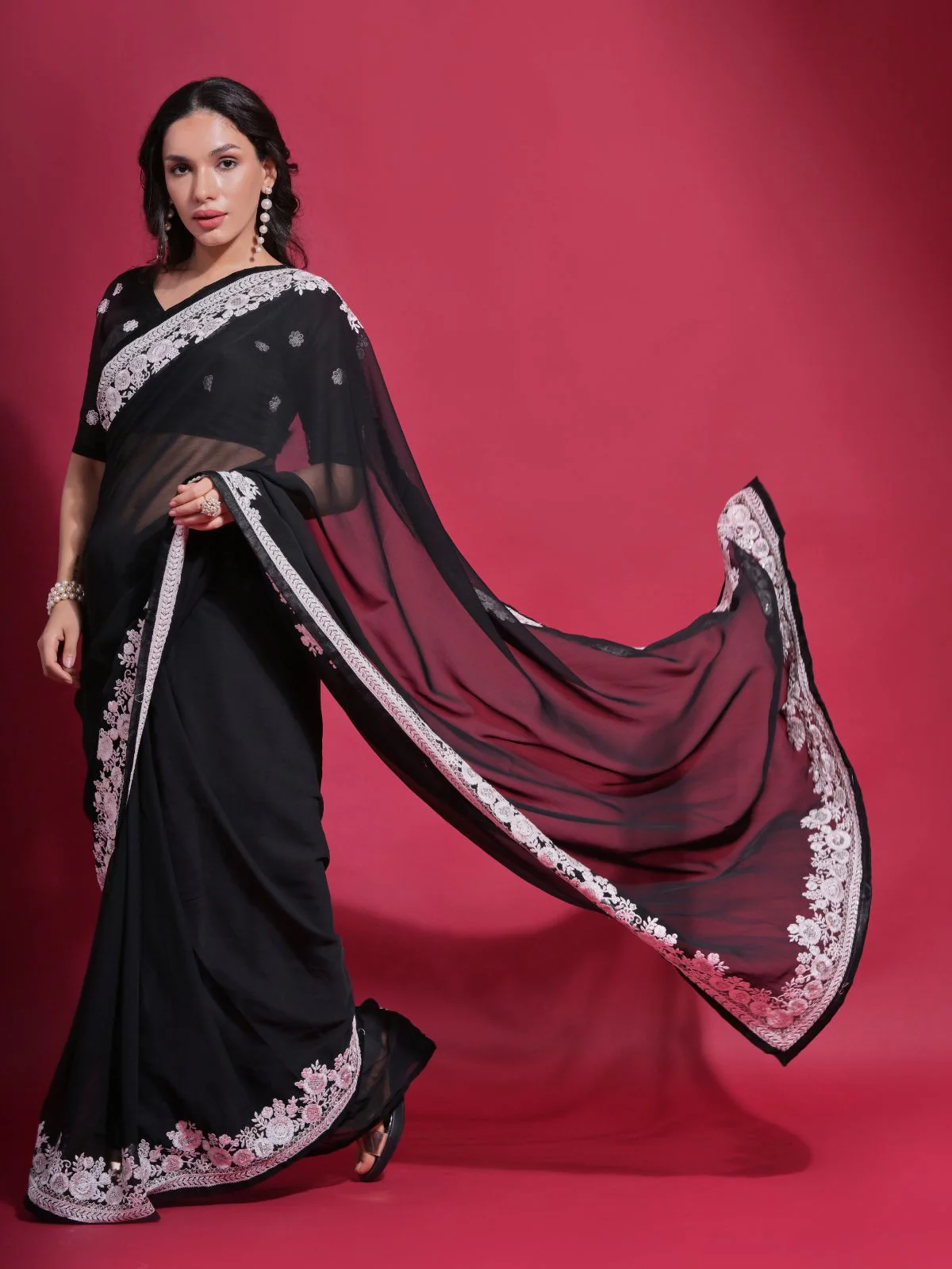Odette Black Embroidered Georgette Saree With Unstitched Blouse For Women - Image 2