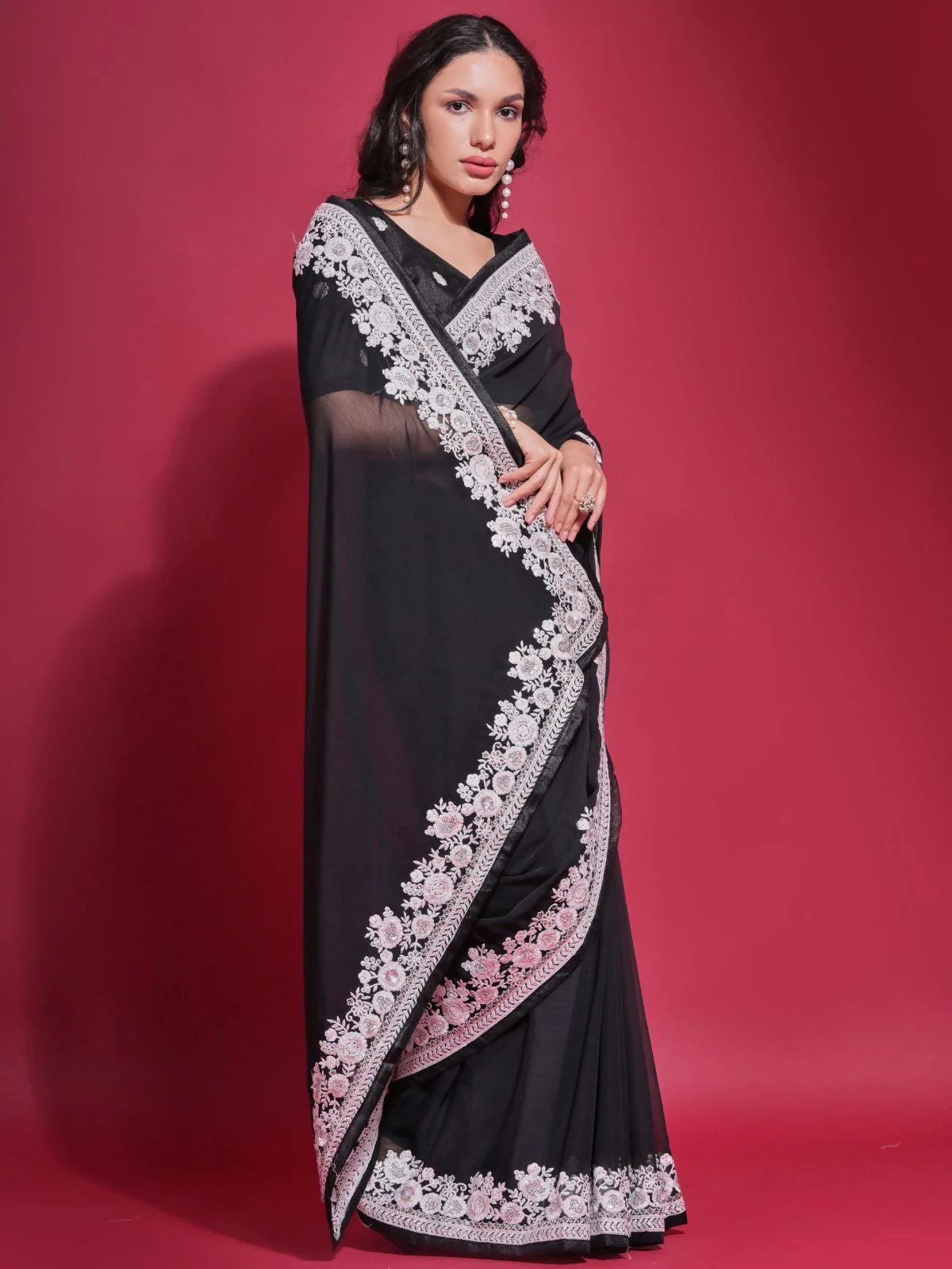 Odette Black Embroidered Georgette Saree With Unstitched Blouse For Women - Image 3