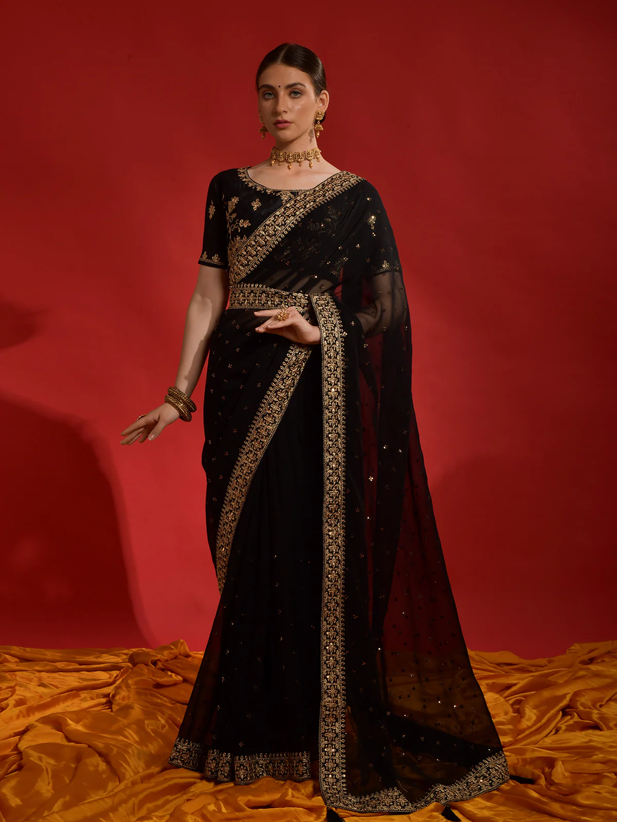 Odette Black Embroidered Georgette Saree With Unstitched Blouse For Women - Image 2
