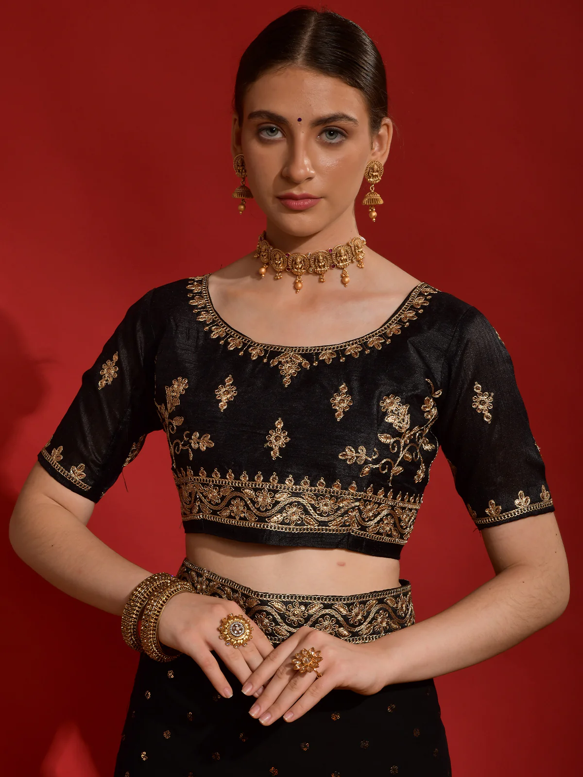 Odette Black Embroidered Georgette Saree With Unstitched Blouse For Women - Image 6