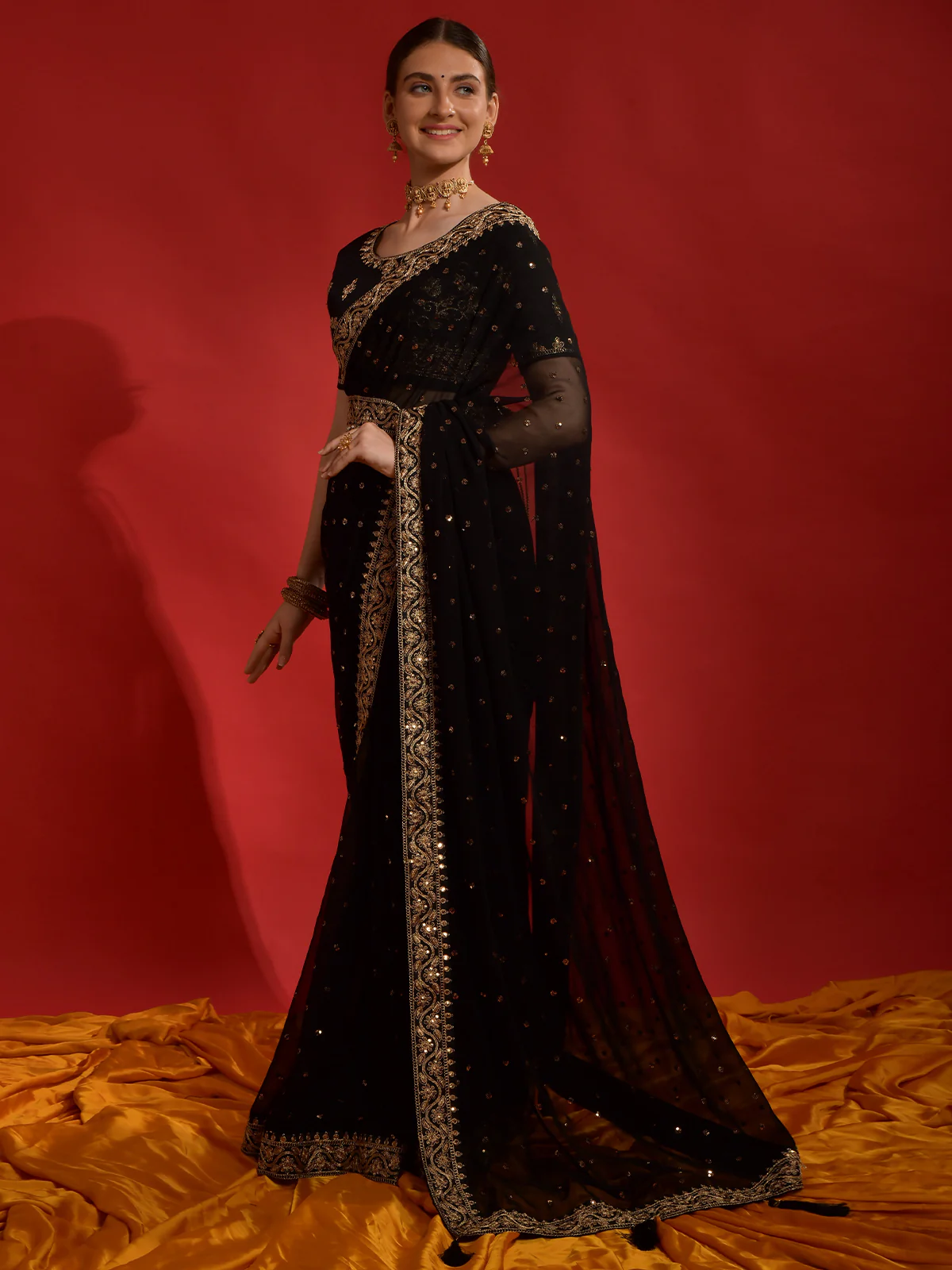 Odette Black Embroidered Georgette Saree With Unstitched Blouse For Women - Image 2