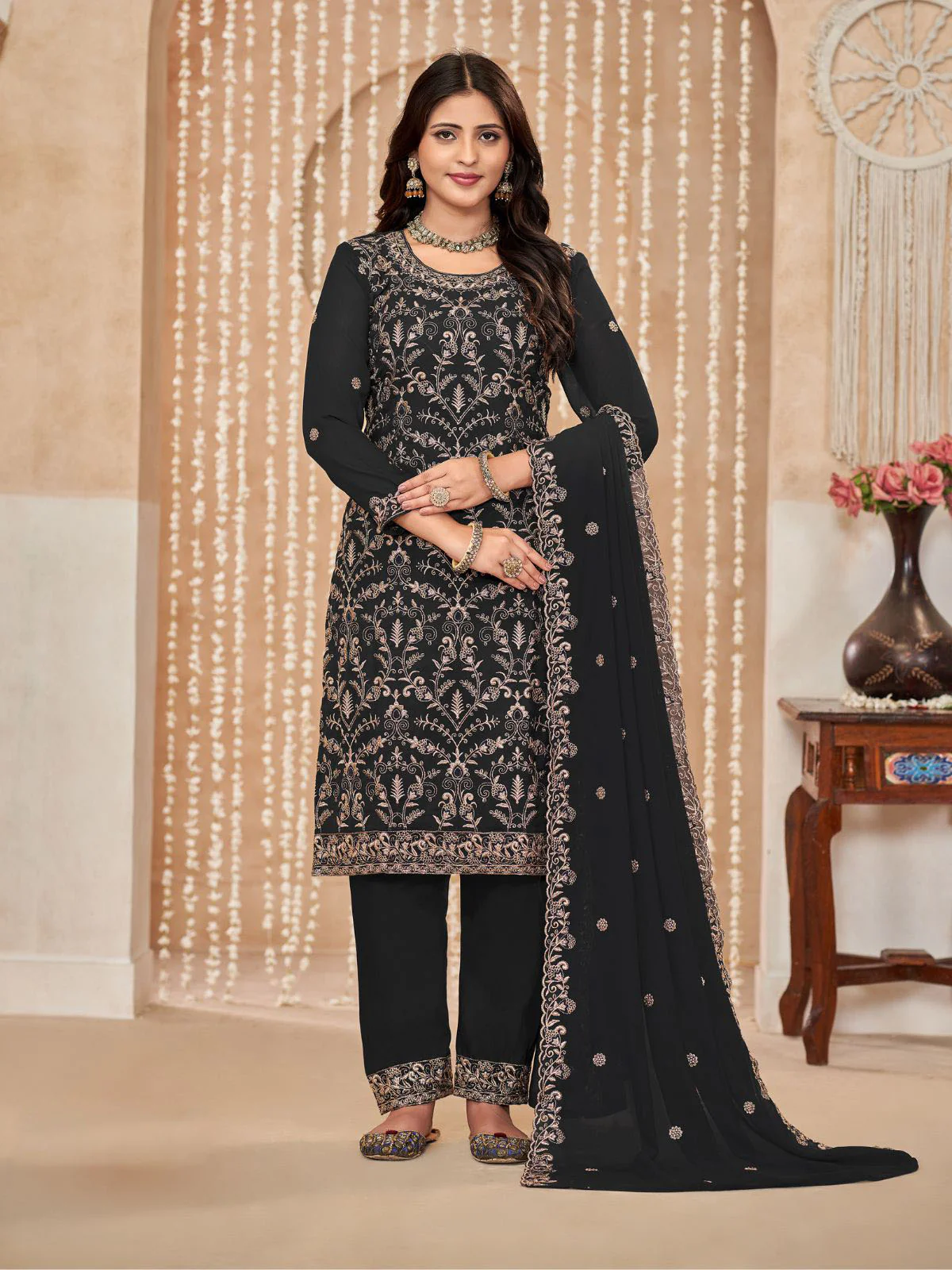 Odette Black Embroidered Georgette Semi Stitched Kurta Set With Dupatta For Women - Image 2