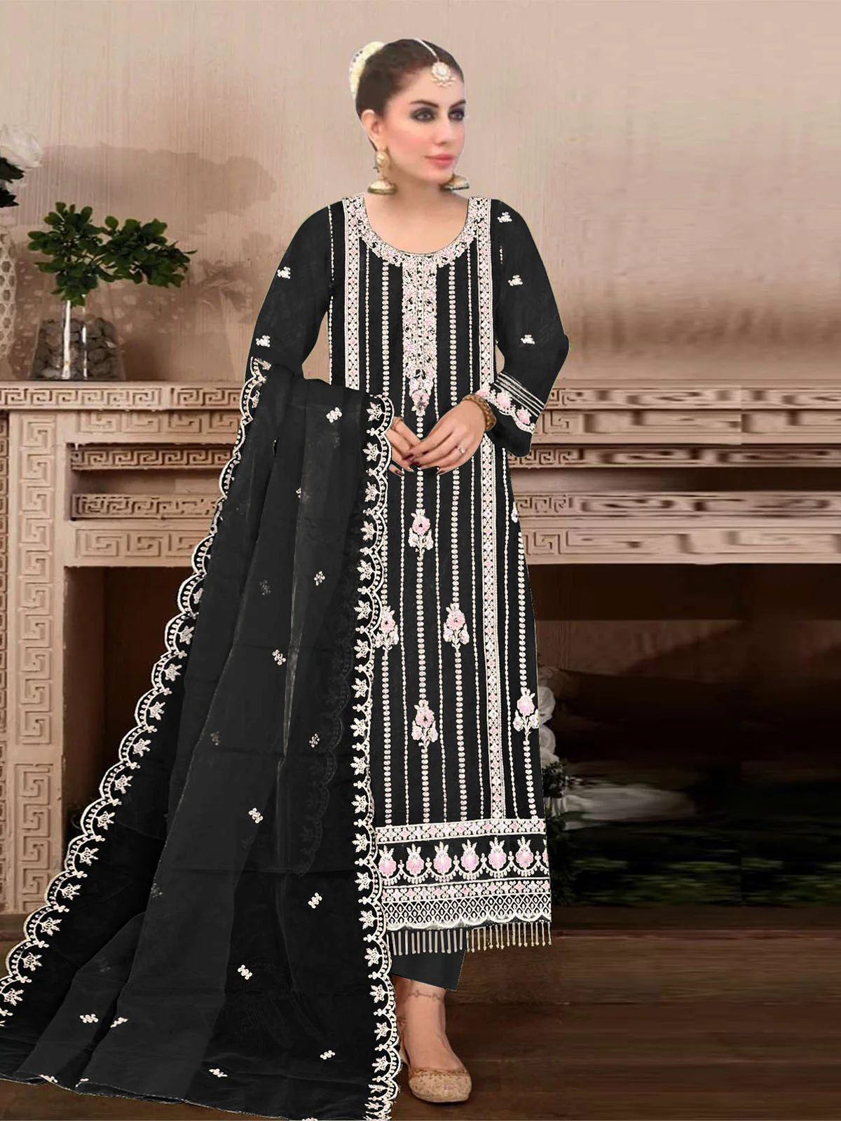 Odette Black Embroidered Georgette Semi Stitched Kurta Set With Dupatta For Women