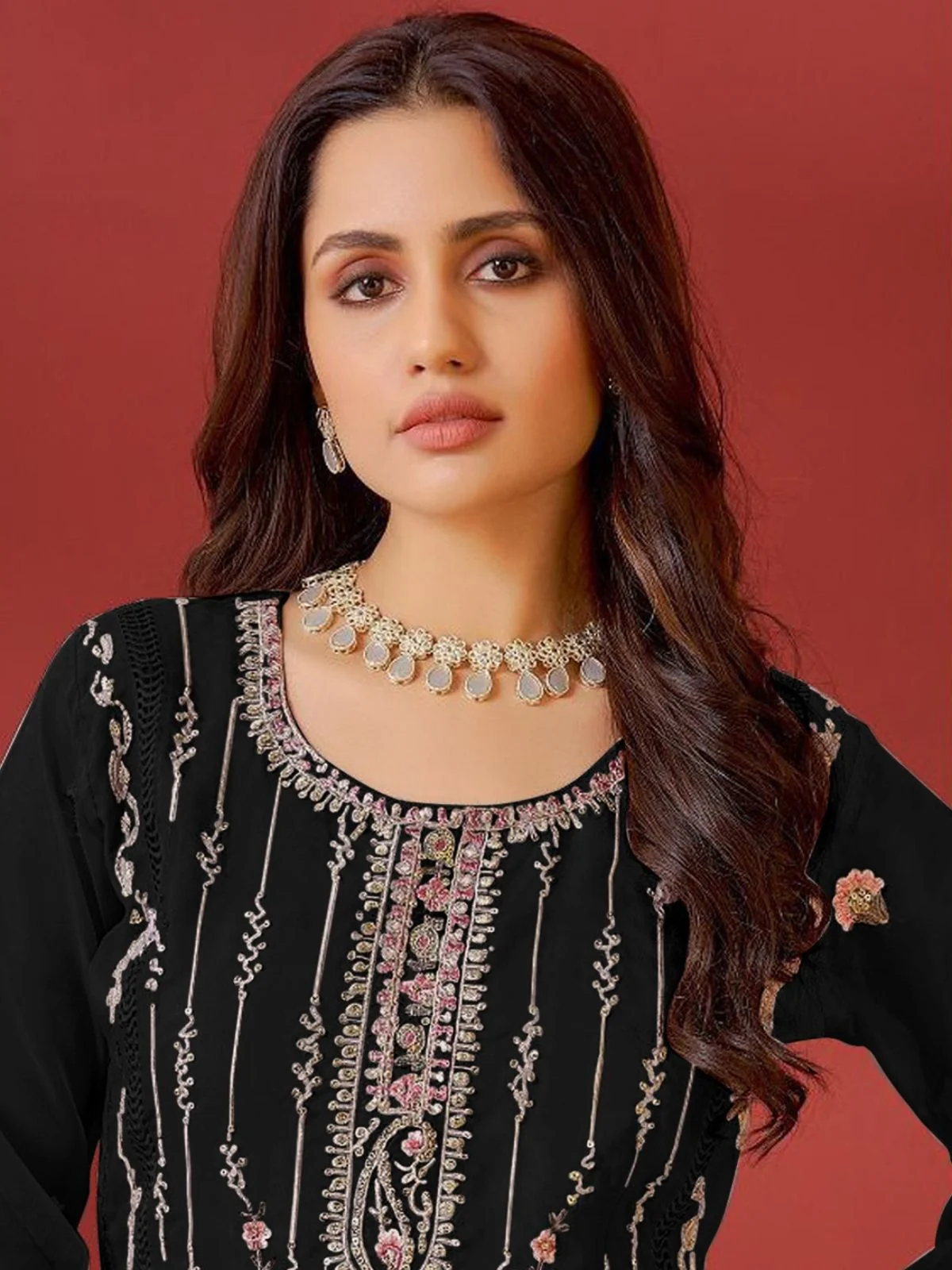 Odette Black Embroidered Georgette Semi Stitched Kurta Set with Dupatta For Women - Image 2