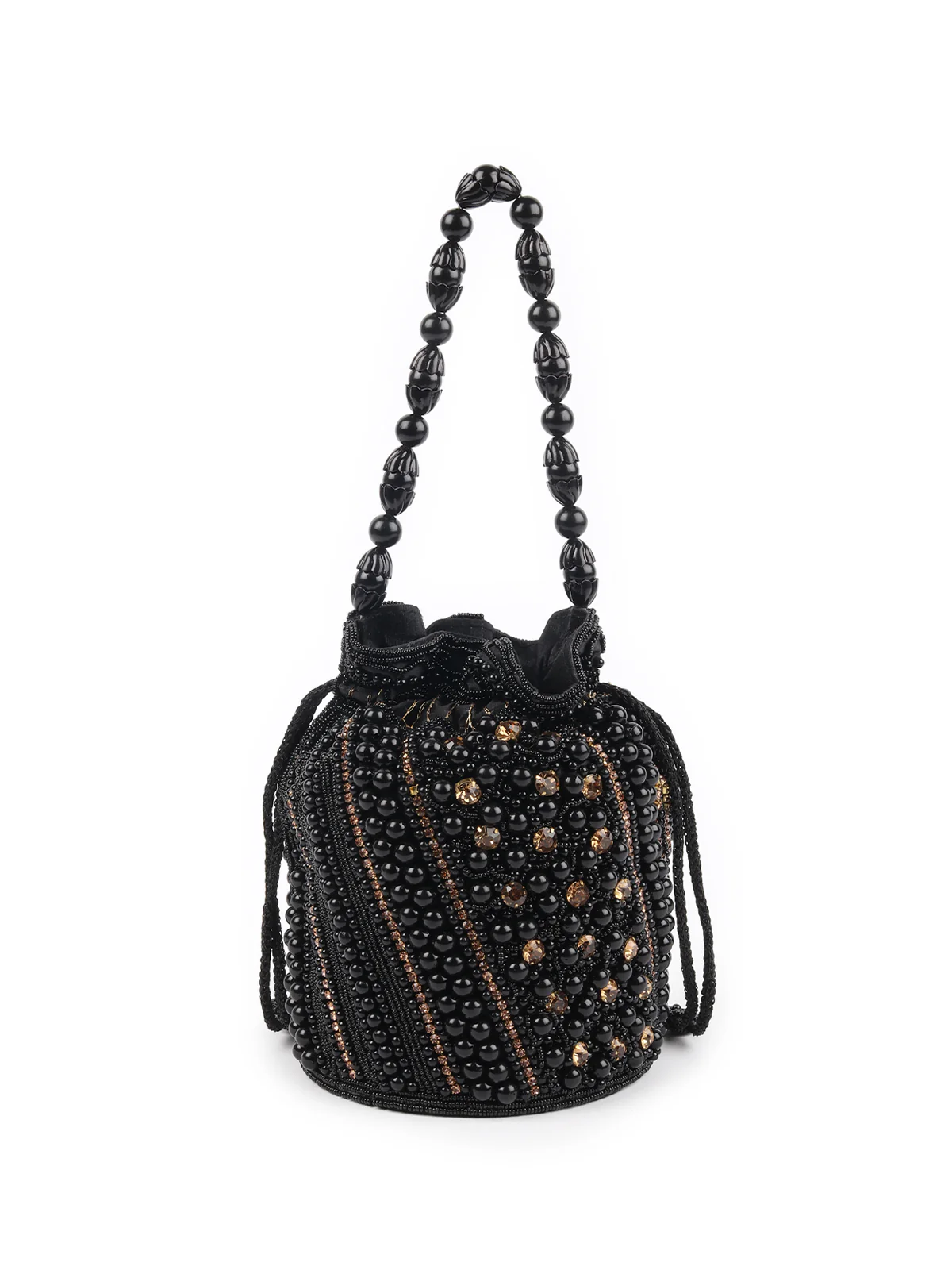 Odette Black Embroidered Potli Bag with Tassels For Women - Image 6
