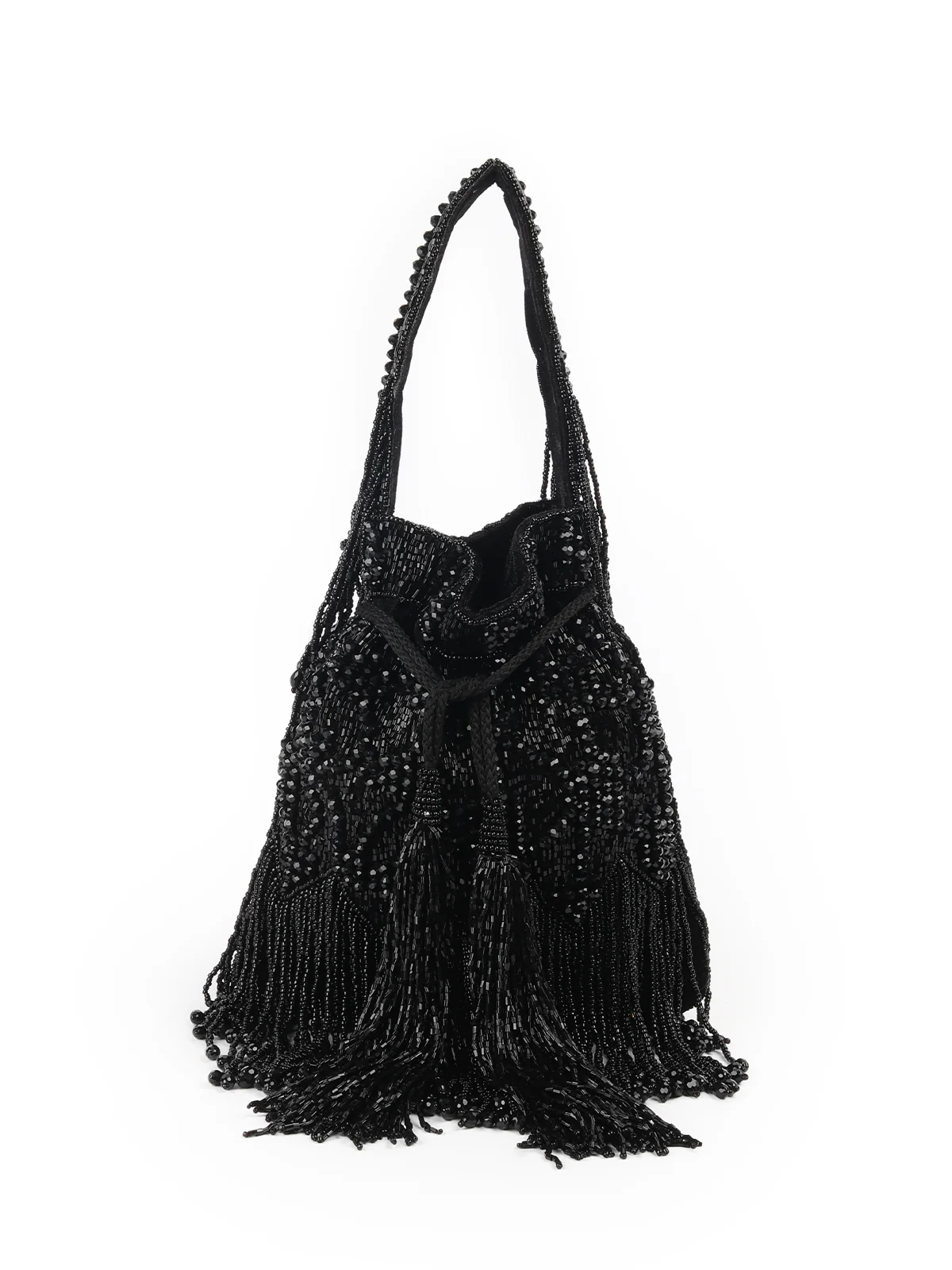 Odette Black Embroidered Potli Bag with Tassels For Women - Image 3