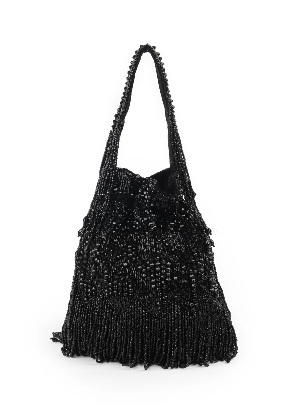 Odette Black Embroidered Potli Bag with Tassels For Women - Image 5