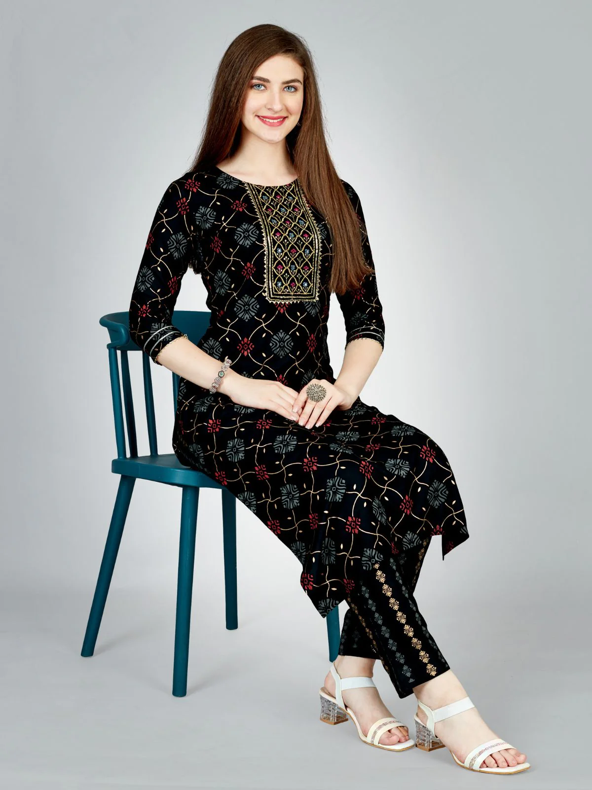 Odette Black Embroidered Rayon Stitched Kurta Set For Women - Image 2