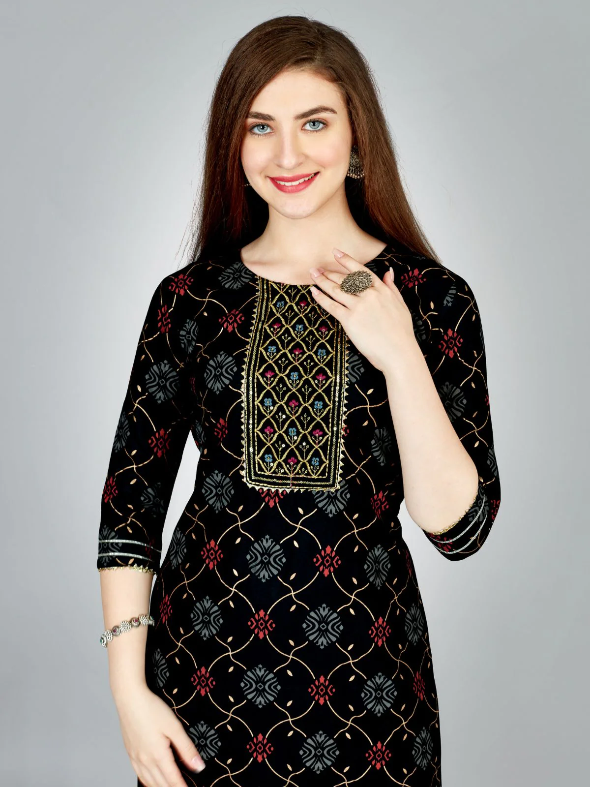 Odette Black Embroidered Rayon Stitched Kurta Set For Women - Image 4