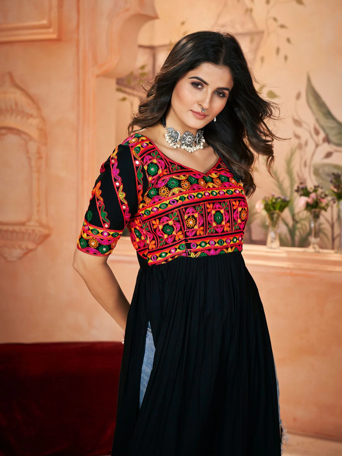 Odette Black Embroidered Rayon Stitched Kurti For Women - Image 3