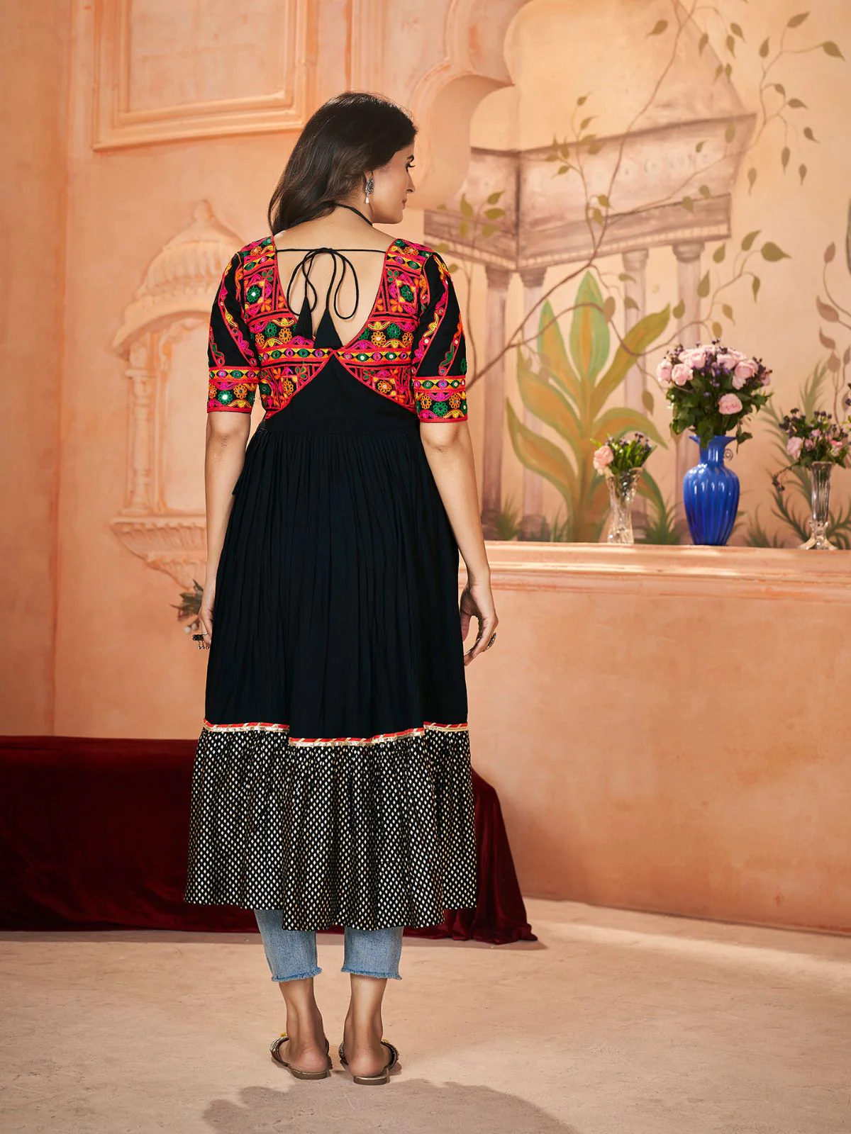 Odette Black Embroidered Rayon Stitched Kurti For Women - Image 5