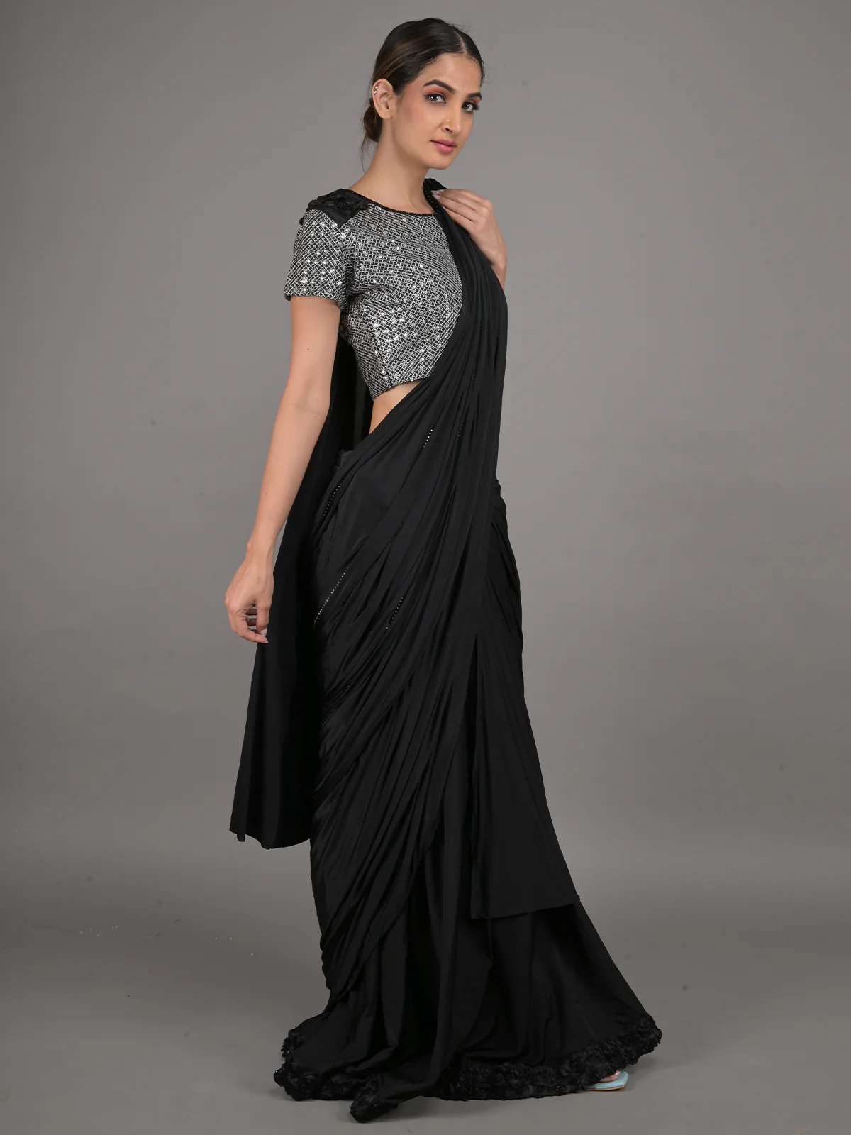 Odette Black Embroidered Ready-To-Wear Polyester Saree With Stitched Blouse For Women - Image 2