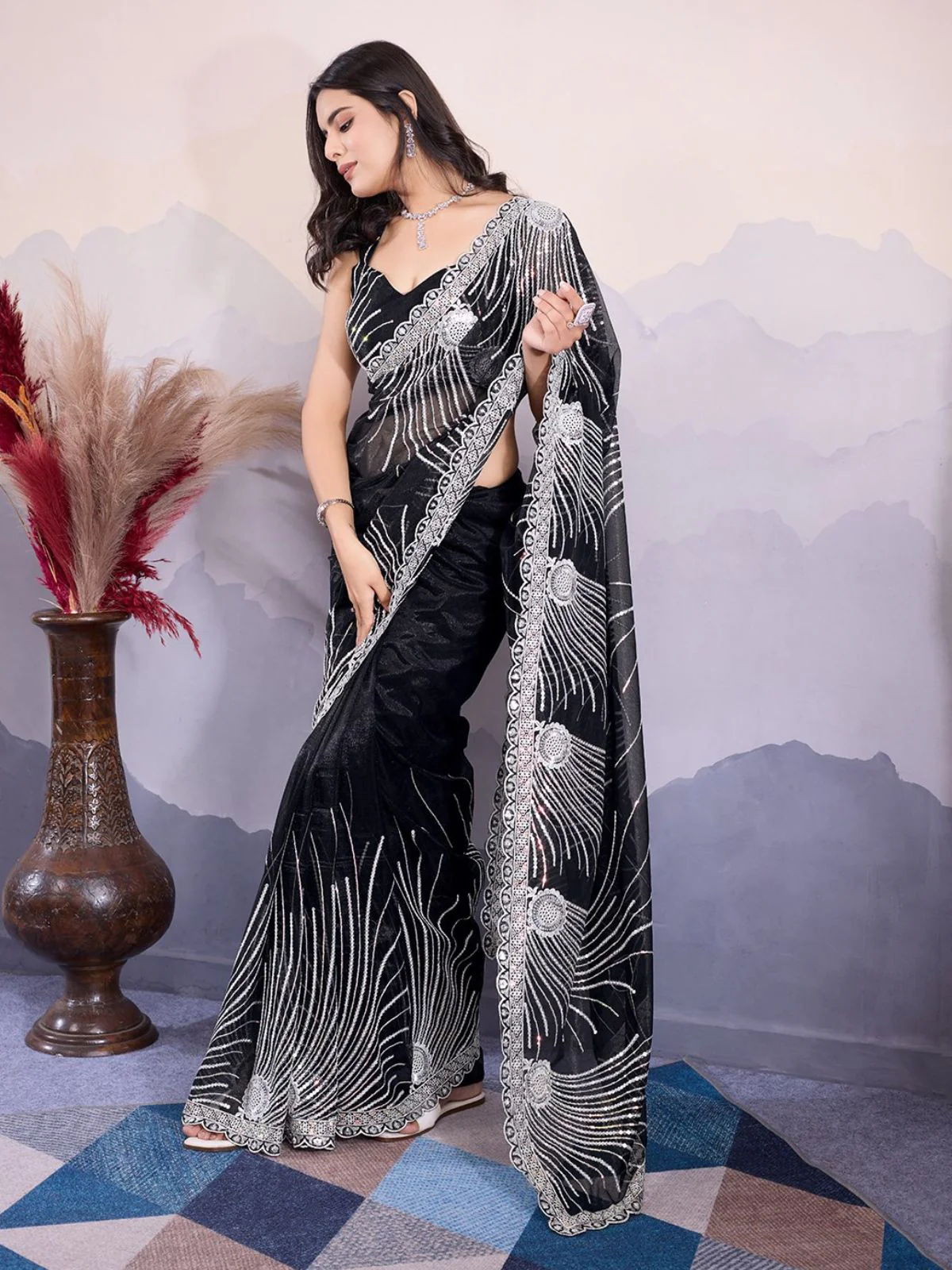 Odette Black Organza Embroidered Saree For Women - Image 2