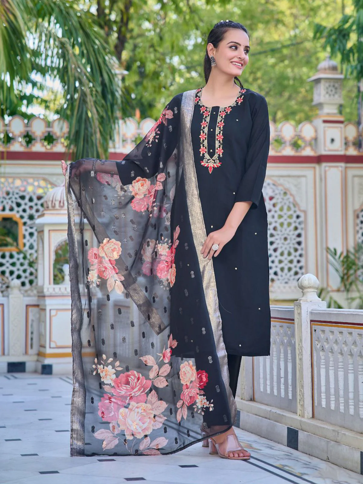Odette Black Embroidered Silk Blend Stitched Kurta Set For Women - Image 2