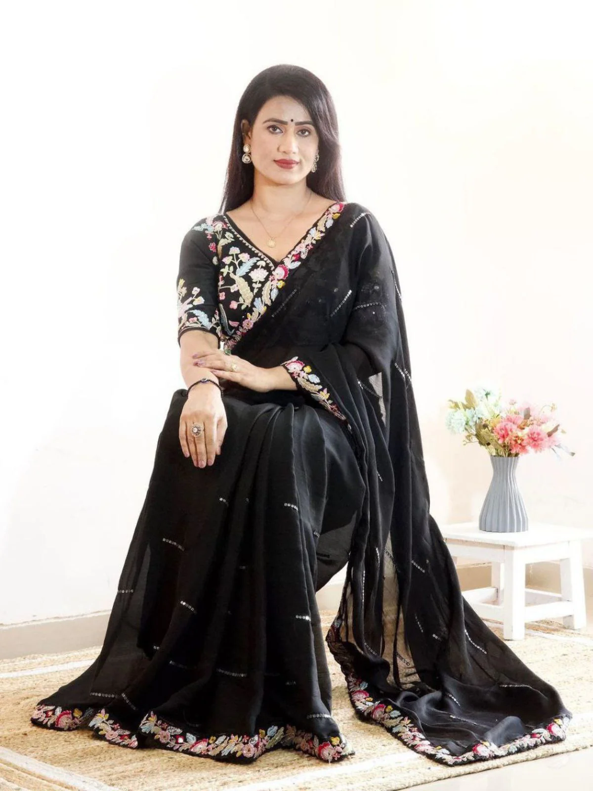 Odette Black Embroidered Silk Blend Saree With Stitched Blouse For Women - Image 2