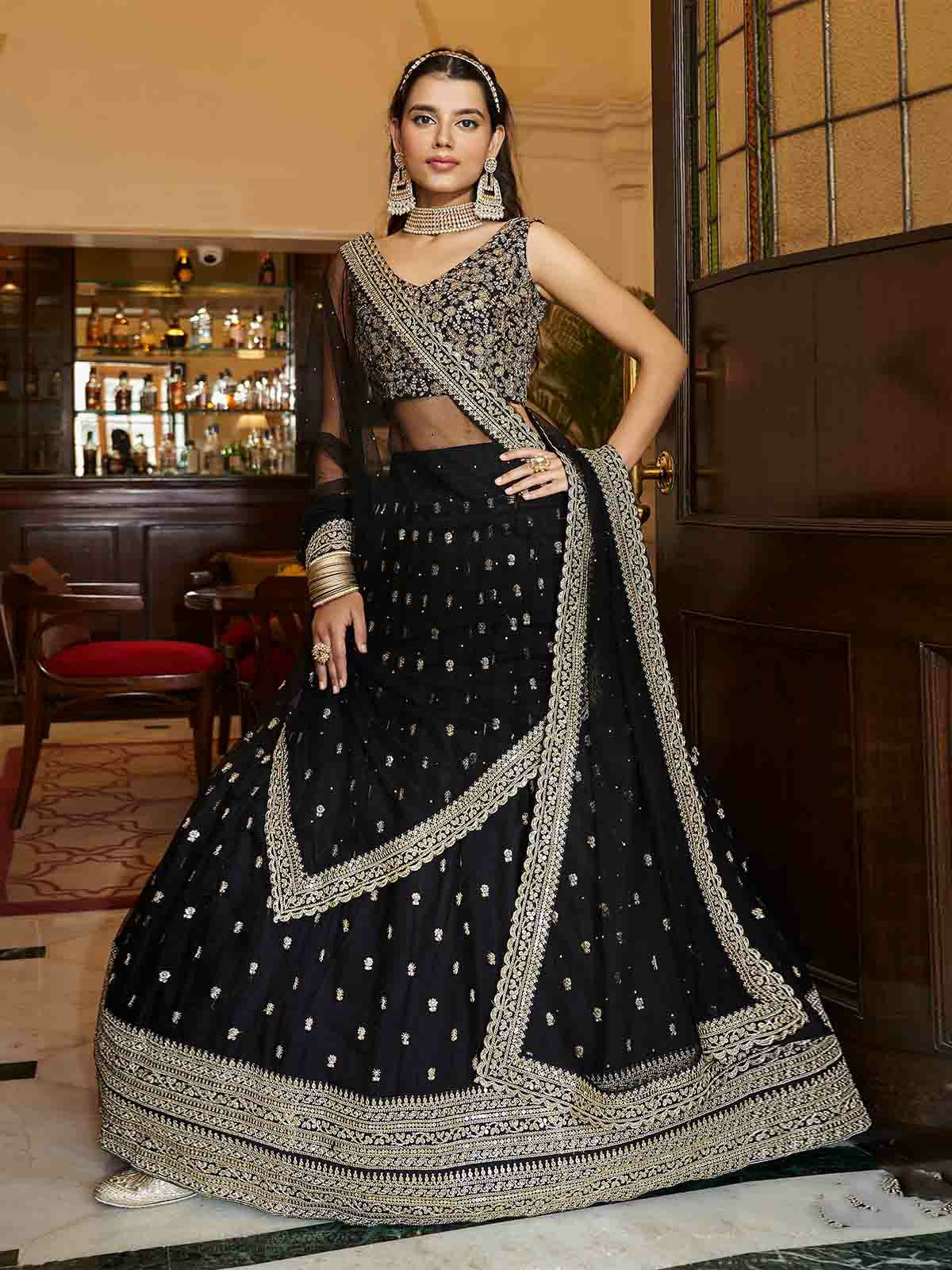 Odette Black Embroidered Soft Net Semi Stitched Lehenga With Blouse For Women - Image 2