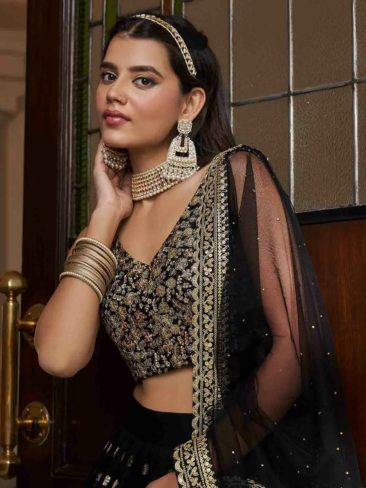 Odette Black Embroidered Soft Net Semi Stitched Lehenga With Blouse For Women - Image 4