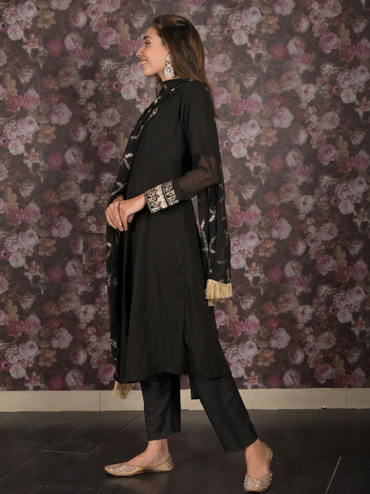 Odette Black Embroidered Stitched Fit and Flare Georgette Kurta Set for Womem - Image 3