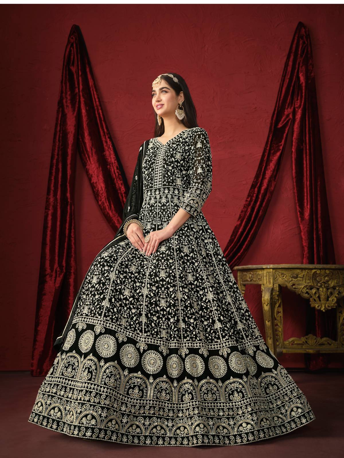 Odette Black Faux Georgette Embroidery Unstitched Gown For Women - Image 2