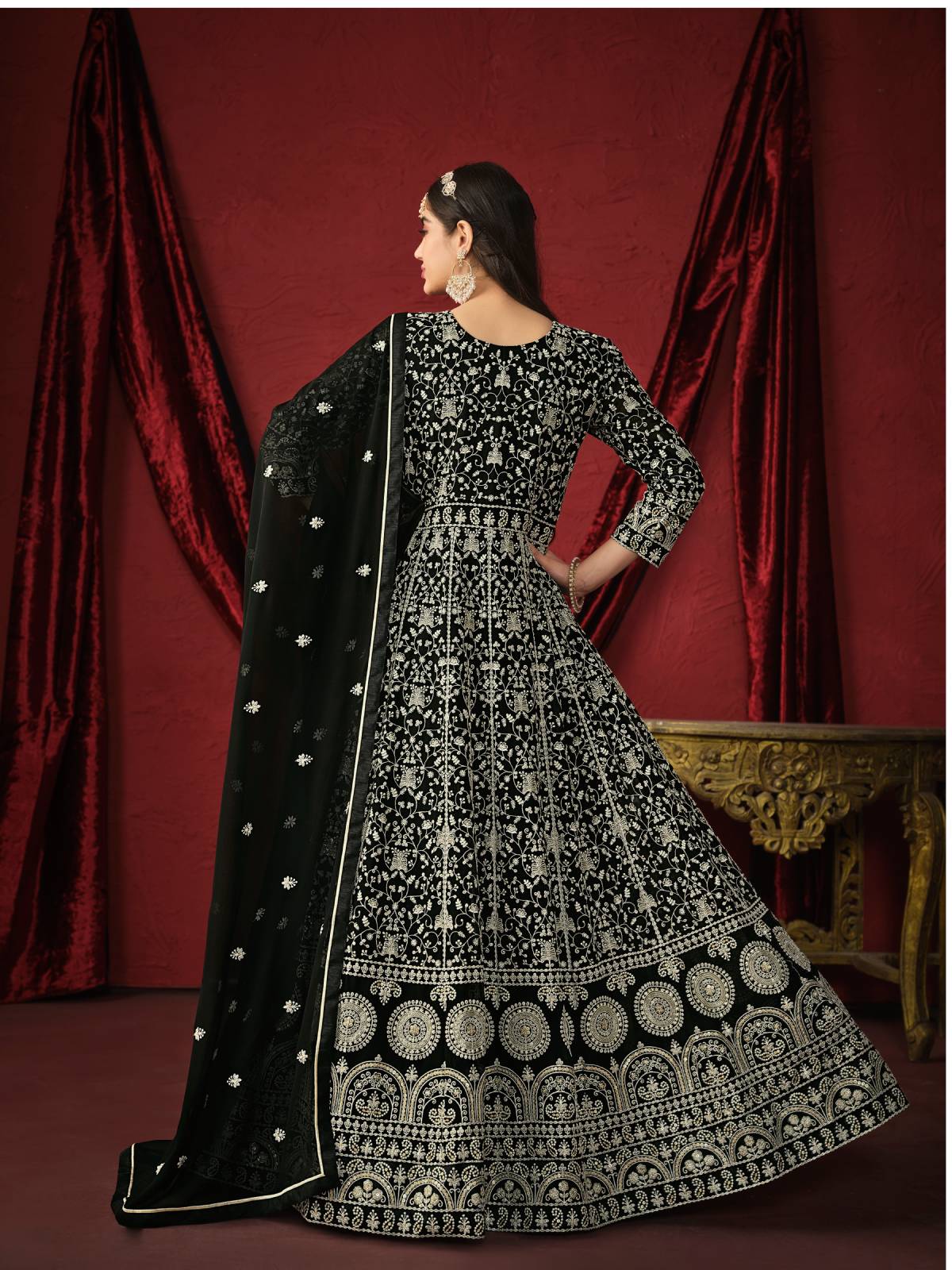 Odette Black Faux Georgette Embroidery Unstitched Gown For Women - Image 3