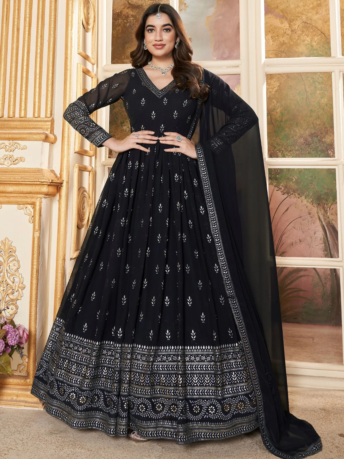 Odette Black Faux Georgette Metalic Multi Foil Work Stitched Gown With Dupatta For Women - Image 2