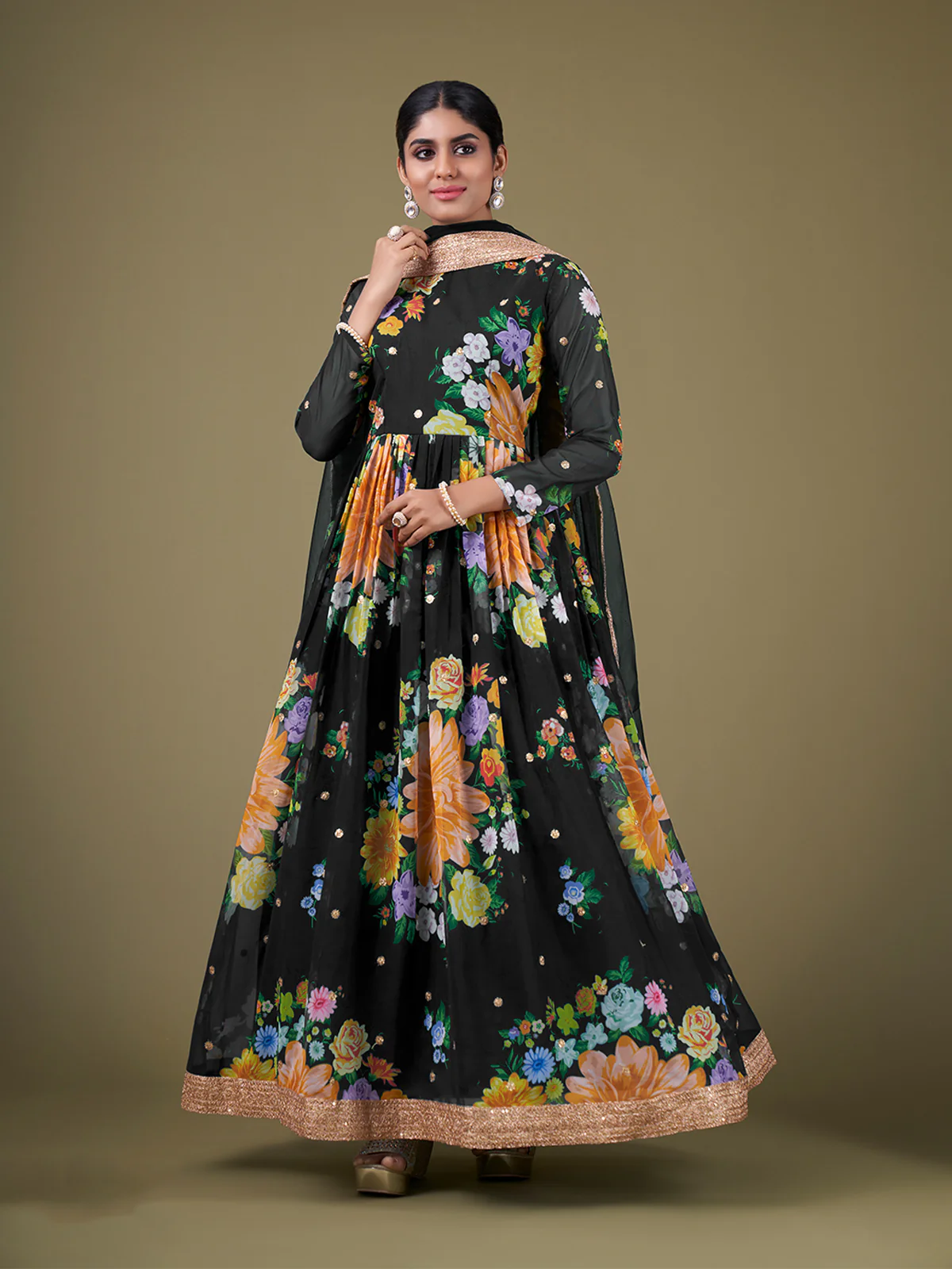 Odette Black Faux Georgette Printed Semi Stitched Anarkali Kurta Set For Women - Image 2