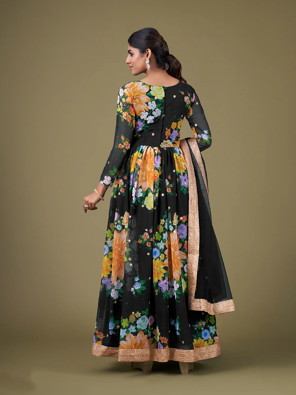 Odette Black Faux Georgette Printed Semi Stitched Anarkali Kurta Set For Women - Image 3