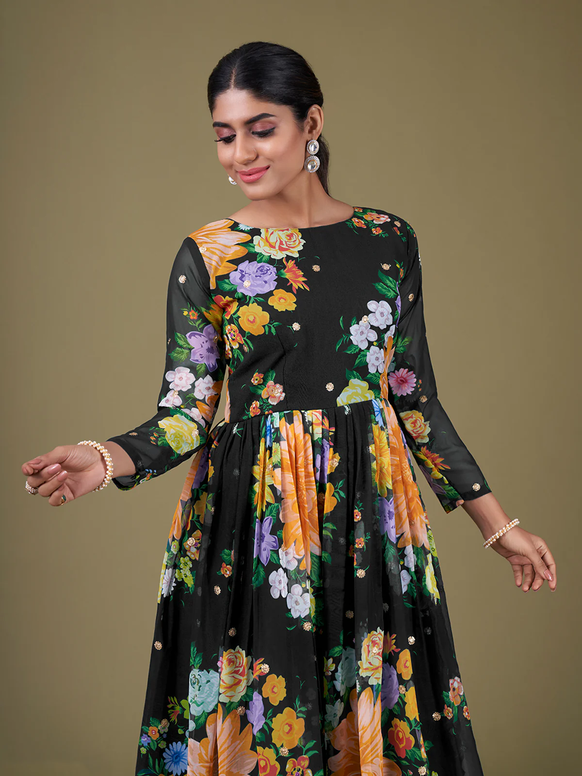 Odette Black Faux Georgette Printed Semi Stitched Anarkali Kurta Set For Women - Image 4