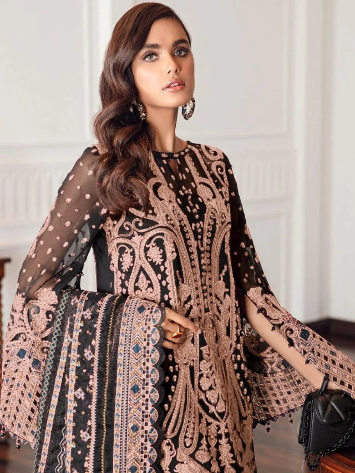 Odette Black Georgette Beige Embroidered Semi-Stitched Kurta Set For Women - Image 2