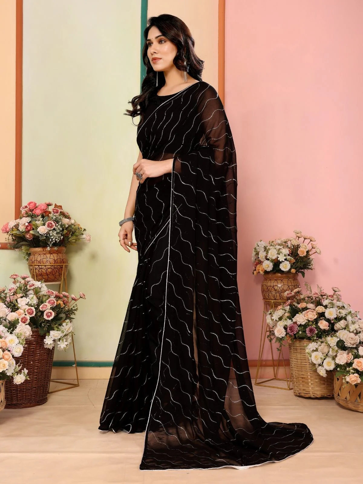 Odette Black Georgette Embellished Saree For Women - Image 2