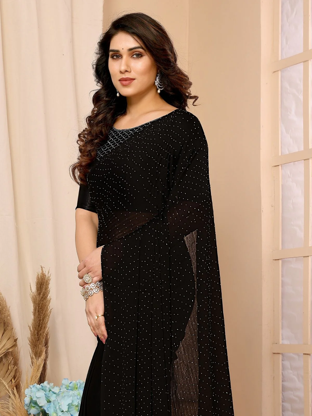 Odette Black Georgette Embellished Saree For Women - Image 4