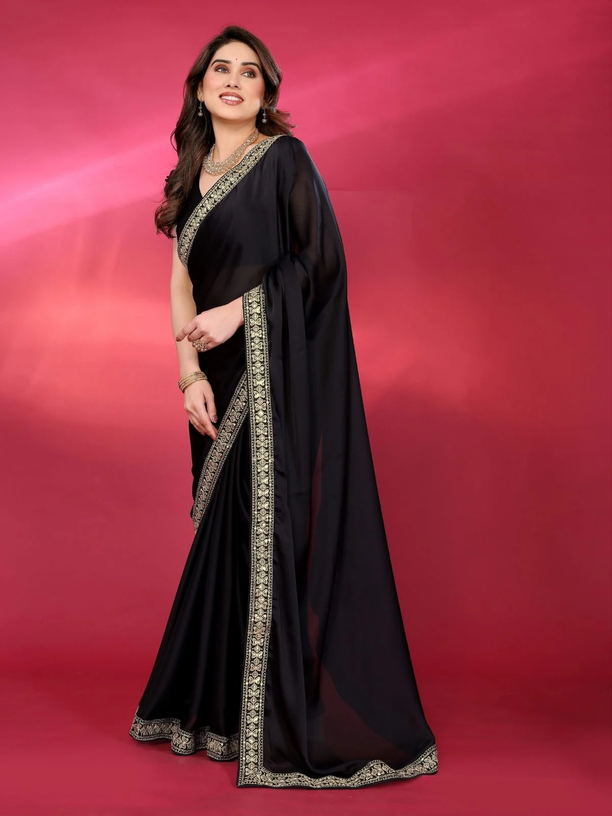 Odette Black Georgette Embellished Saree For Women - Image 2